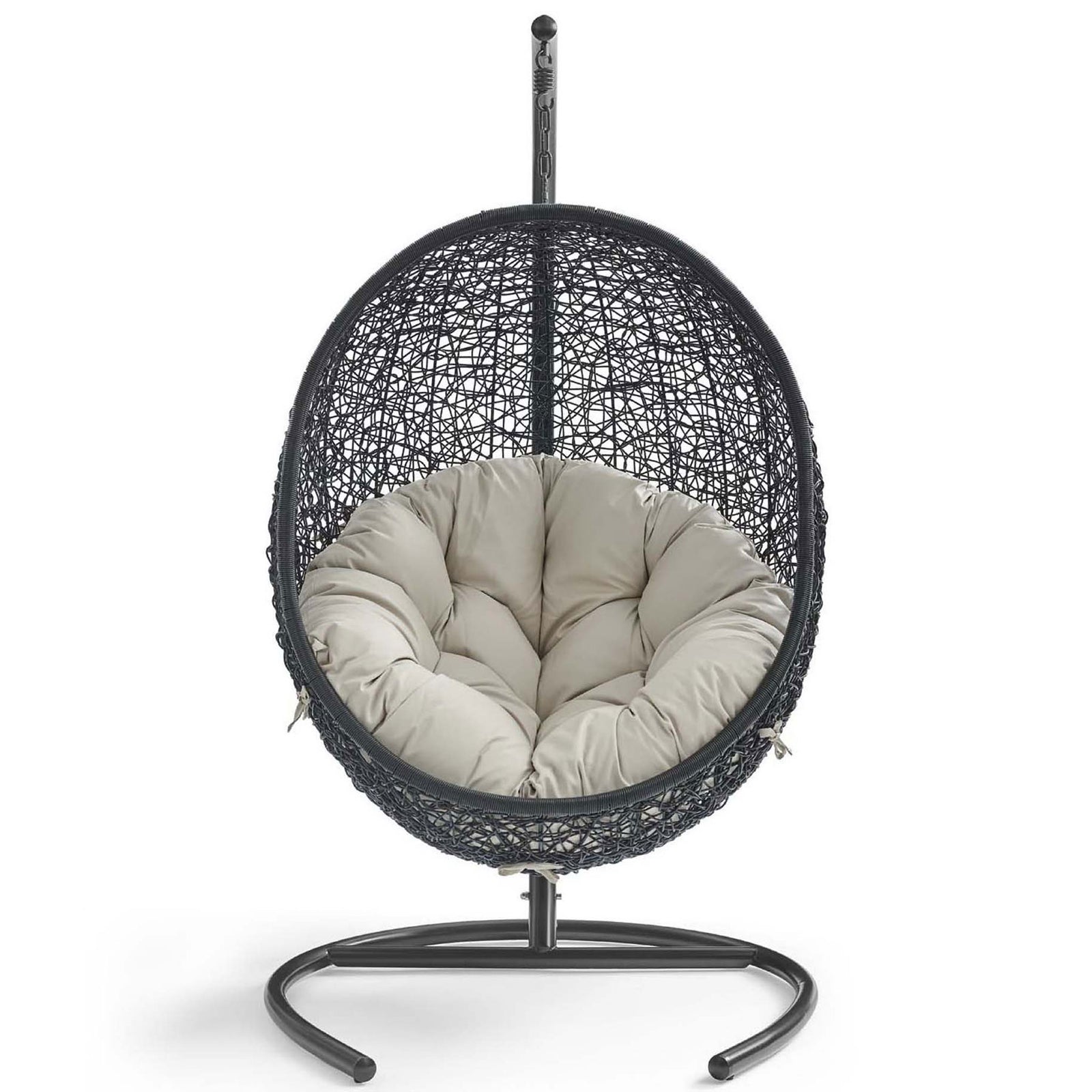 Plush tufted beige cushion nestles inside the rounded wicker lounge chair on sleek stand || EEI-739-BEI-SET || front_studio