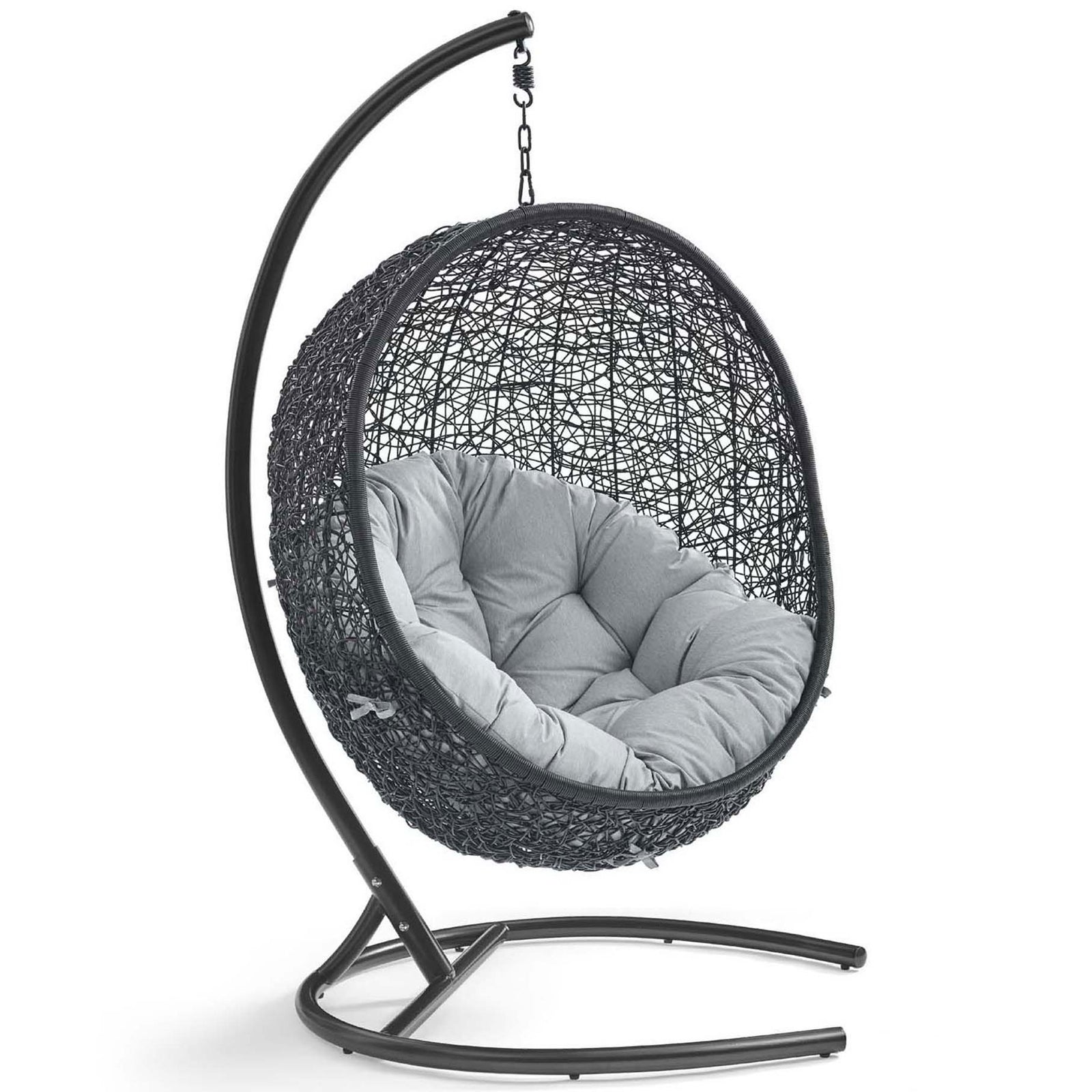 Gray cushioned wicker egg chair on espresso metal stand for stylish outdoor lounging || EEI-739-GRY-SET || front_angle_studio