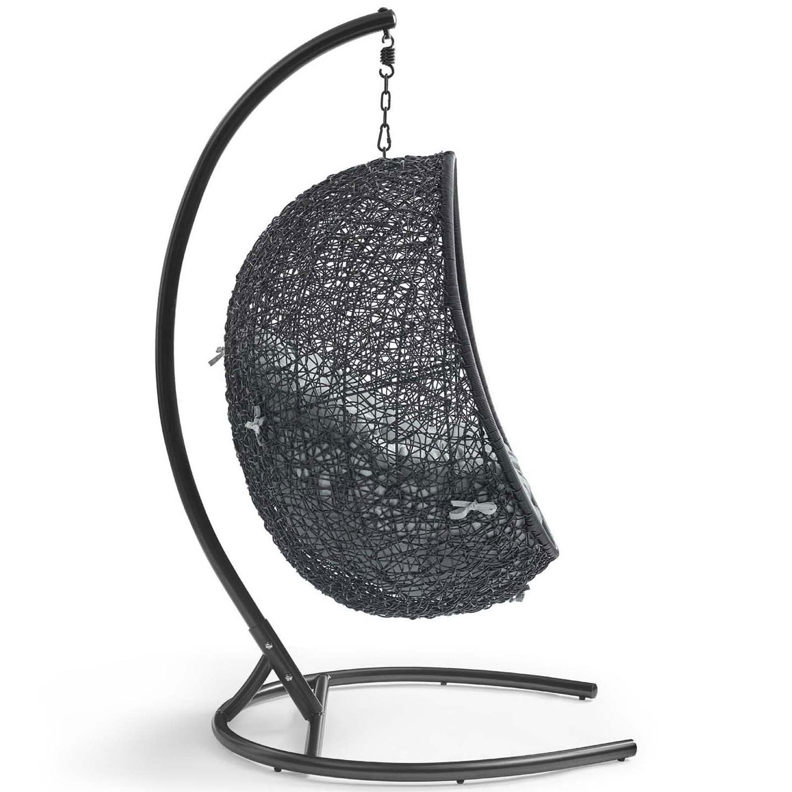 Curved steel base supports the woven gray cushion swing chair for relaxing on the patio || EEI-739-GRY-SET || side_studio
