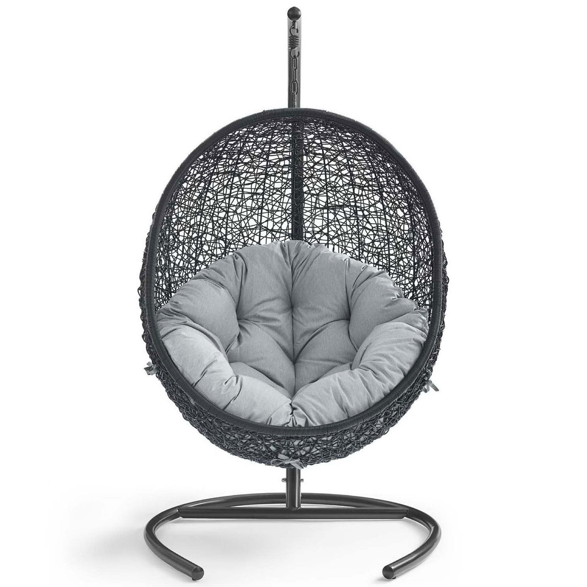 Plush tufted gray cushion nestles inside the rounded wicker lounge chair on sleek stand || EEI-739-GRY-SET || front_studio