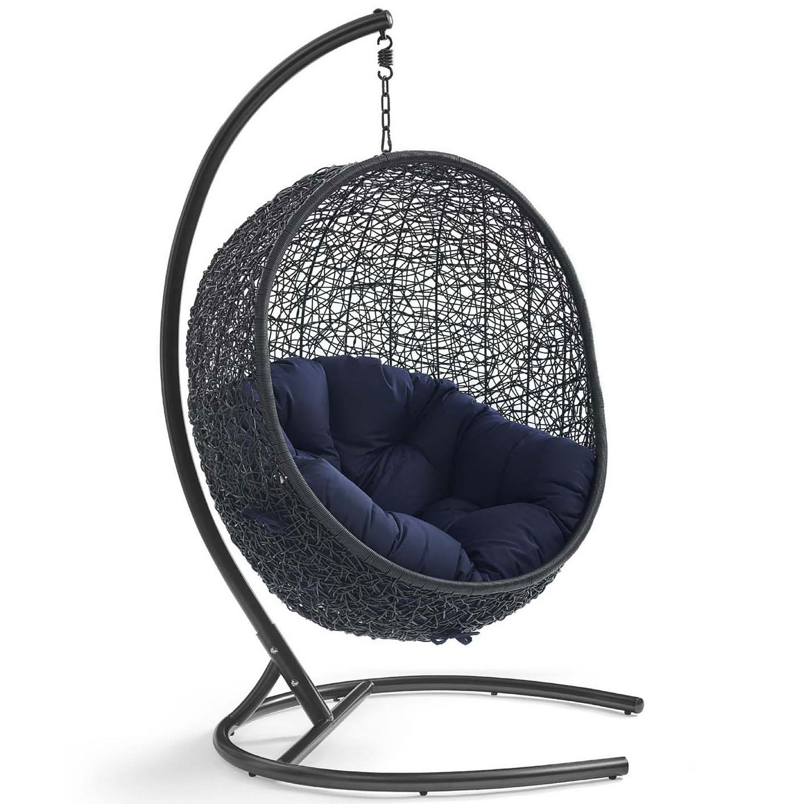 Navy cushioned wicker egg chair on espresso metal stand brings bold color to outdoor seating || EEI-739-NAV-SET || front_angle_studio