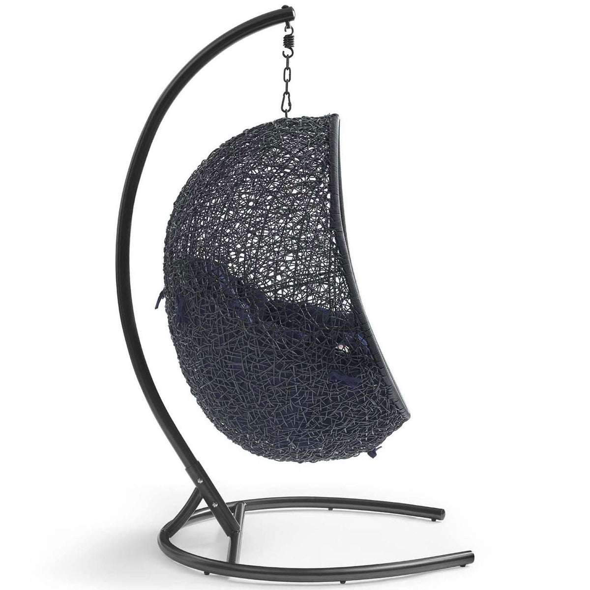 Sculpted steel base cradles the woven navy cushion swing chair for smooth gentle lounging || EEI-739-NAV-SET || side_studio
