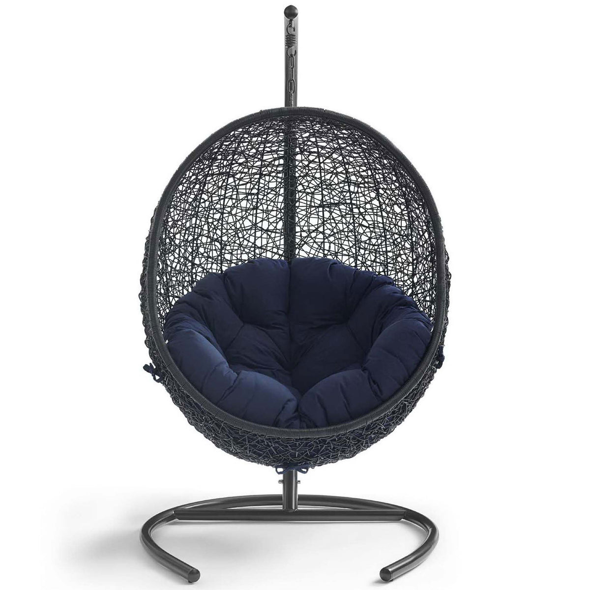 Plush tufted navy cushion settles into the rounded wicker lounge chair on sturdy stand || EEI-739-NAV-SET || front_studio