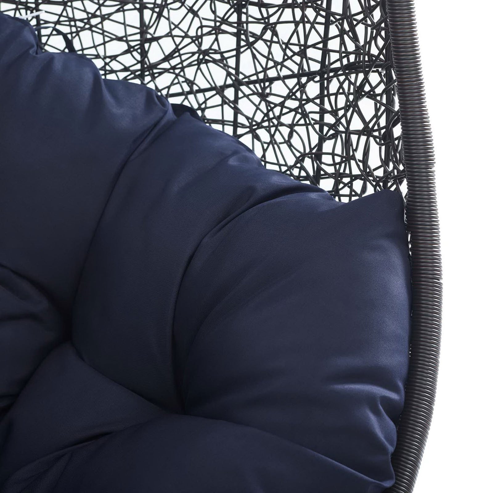 Rich navy cushion fabric and tufting showcase the softness of this outdoor swing chair || EEI-739-NAV-SET || detail_studio