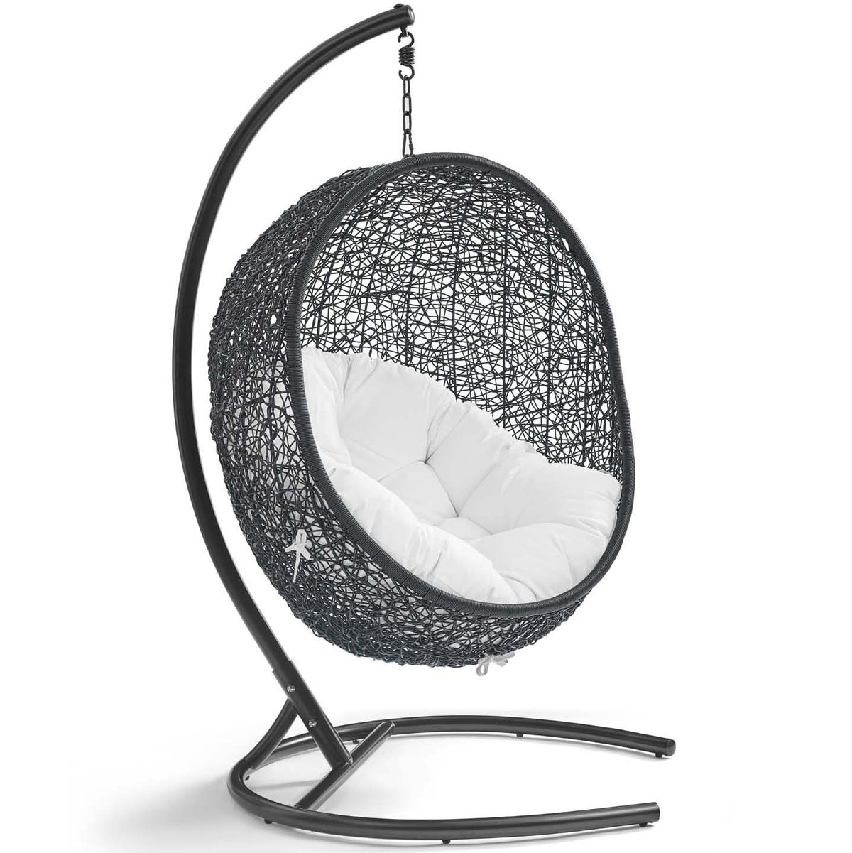 White cushioned wicker egg chair on espresso metal stand offers airy, modern outdoor comfort || EEI-739-SET || front_angle_studio
