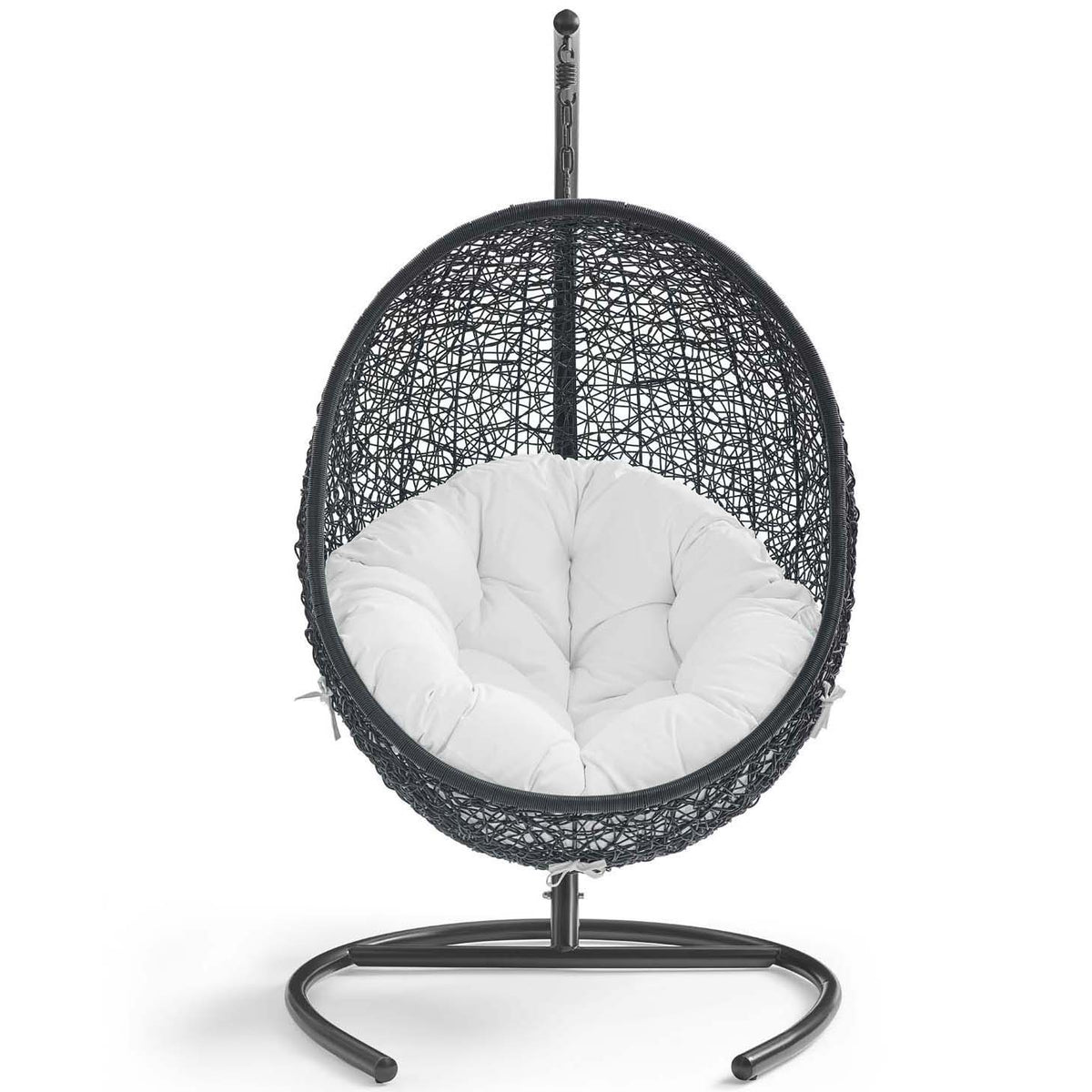 Plush tufted white cushion fills the egg-shaped wicker lounge chair on sleek supportive stand || EEI-739-SET || front_studio