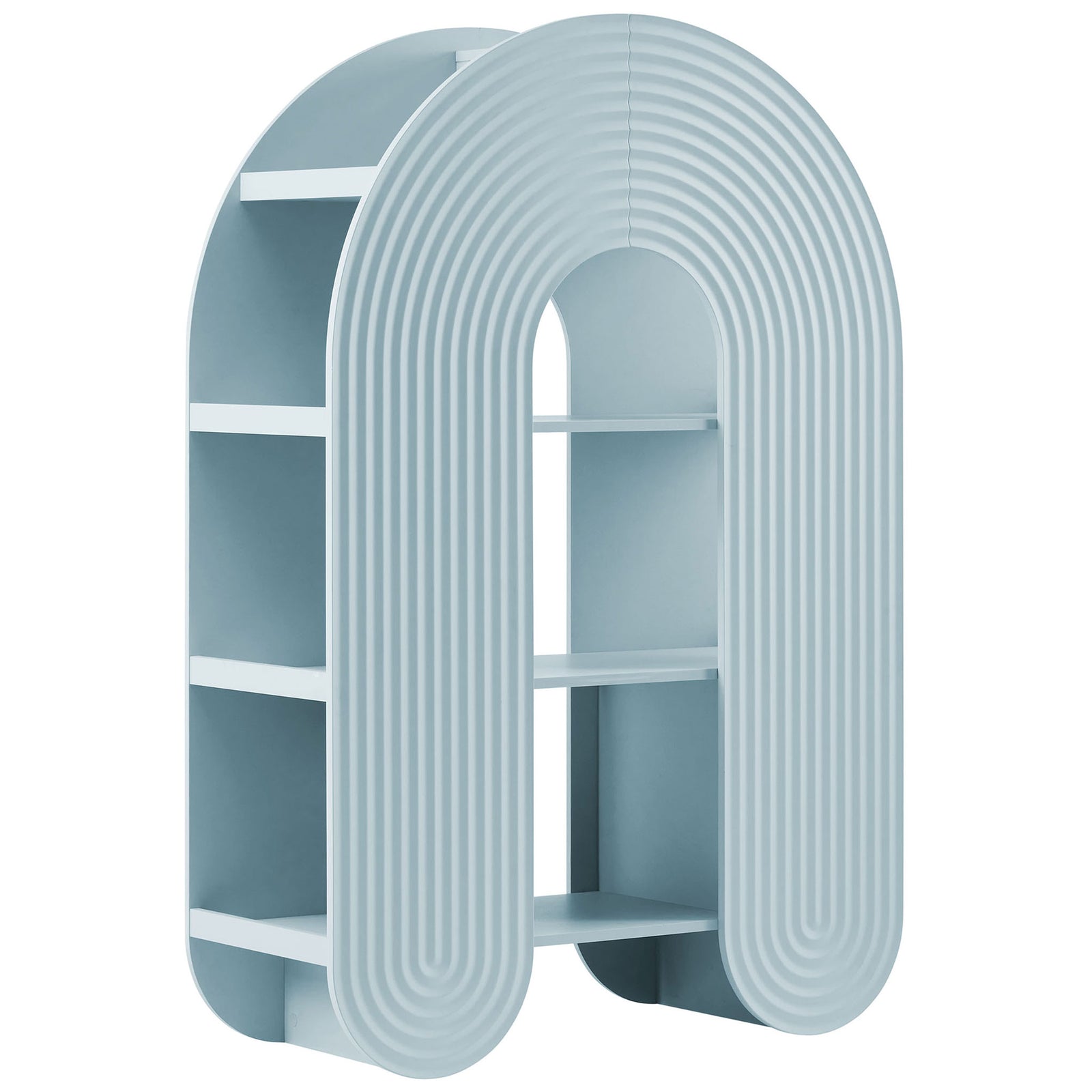 Sculptural U-shaped bookcase in light blue with six open sections and a center arch pass-through || EEI-7390-LBL || front_angle_studio