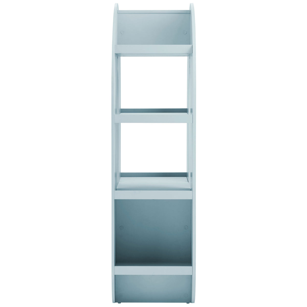 Slim profile showcases double-sided open shelving and rounded edges in a soothing light blue finish || EEI-7390-LBL || side_studio