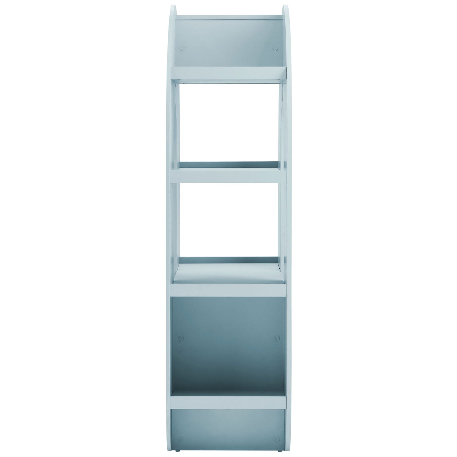 Slim profile showcases double-sided open shelving and rounded edges in a soothing light blue finish || EEI-7390-LBL || side_studio