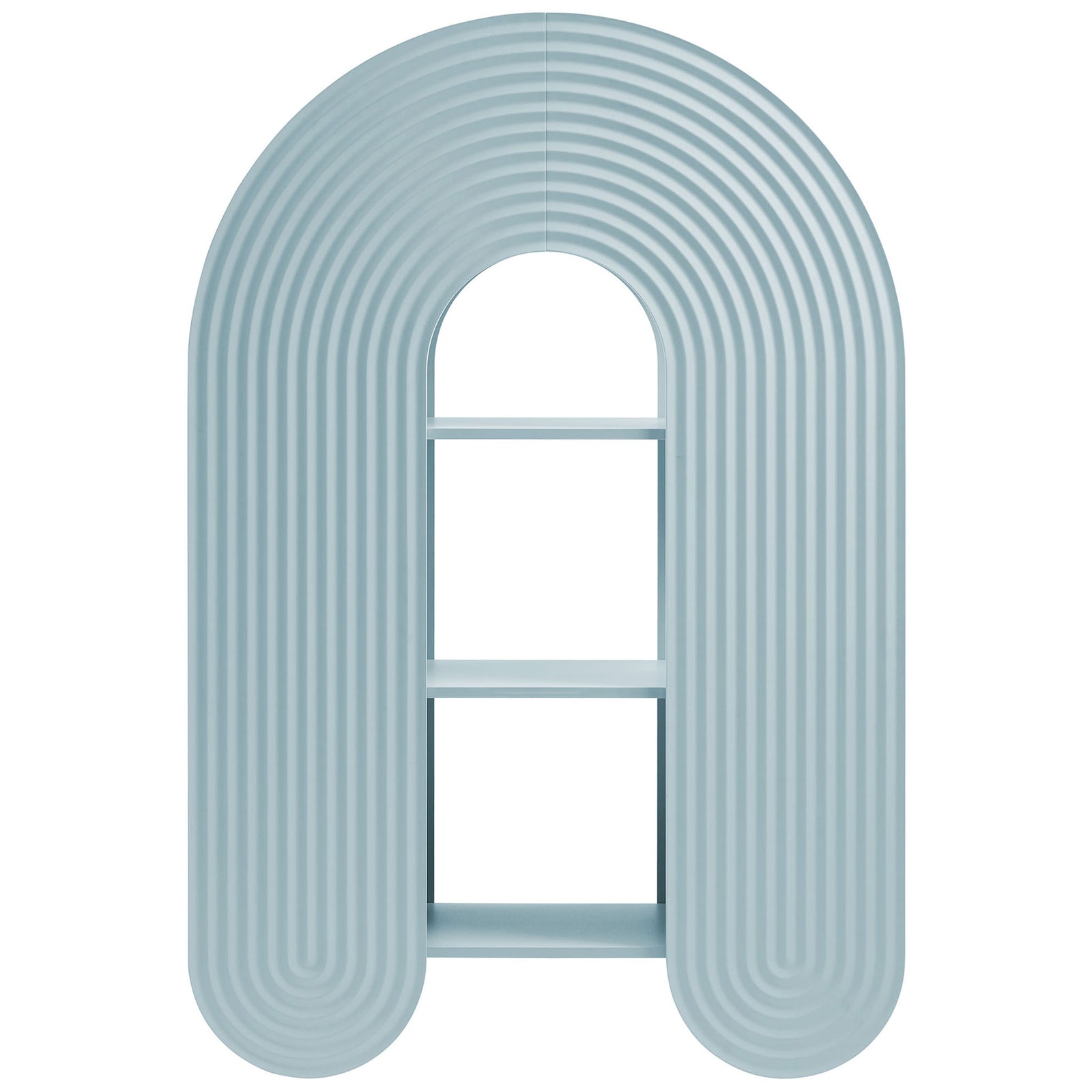 Arched light blue bookshelf with ripple detailing and open shelves for playful, modern storage || EEI-7390-LBL || front_studio