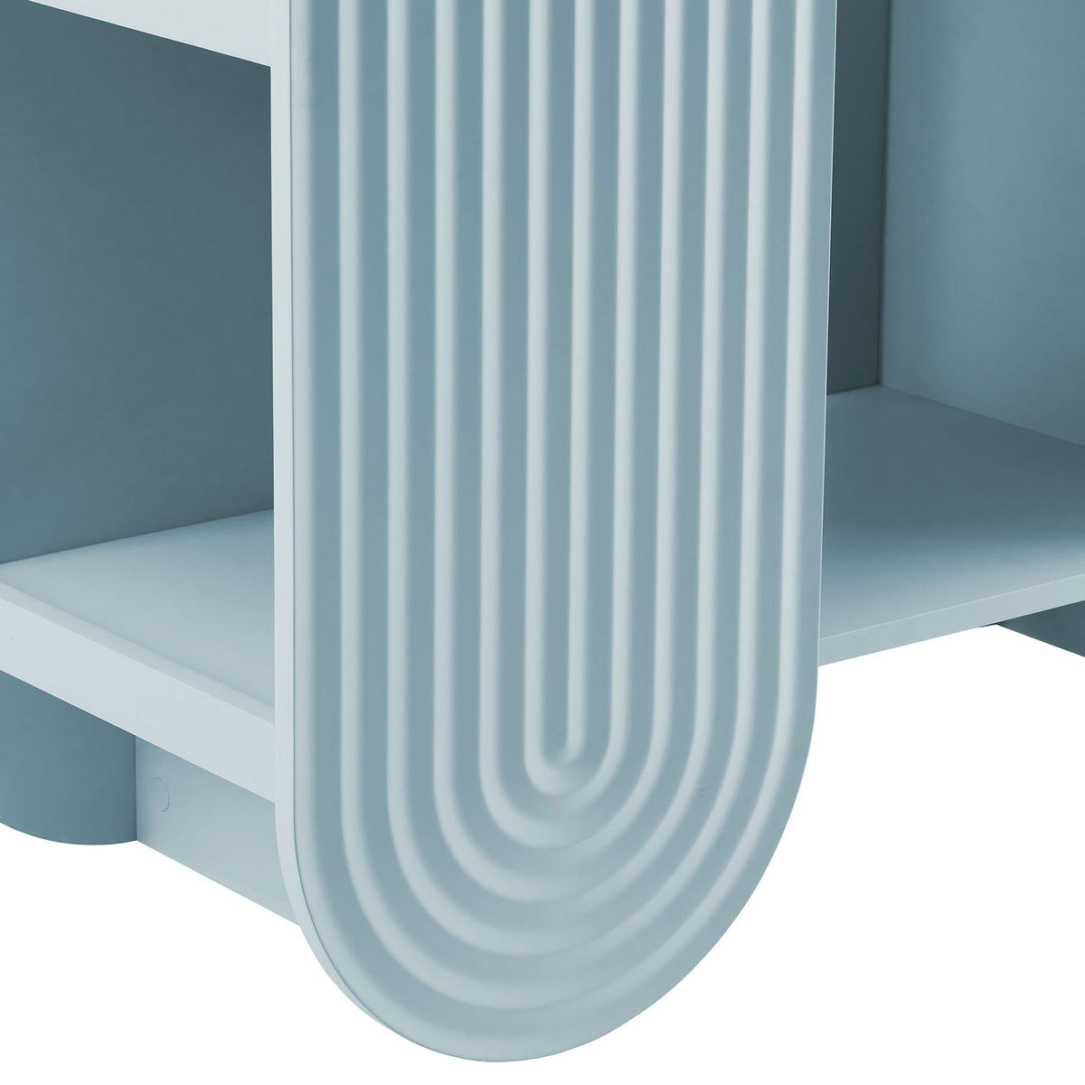 Ripple grooves and rounded base bring playful texture and charm to this light blue bookshelf || EEI-7390-LBL || detail_studio