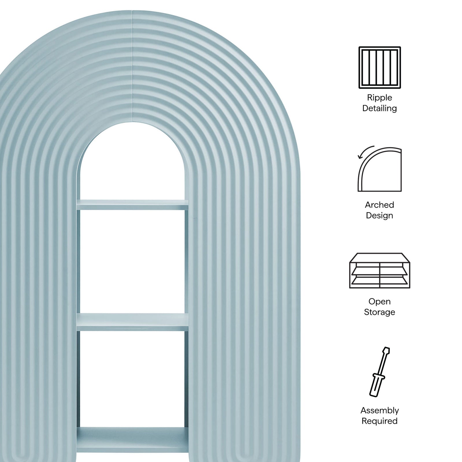 Key features include ripple detailing, arched design, open storage, and simple assembly || EEI-7390-LBL || callout_studio