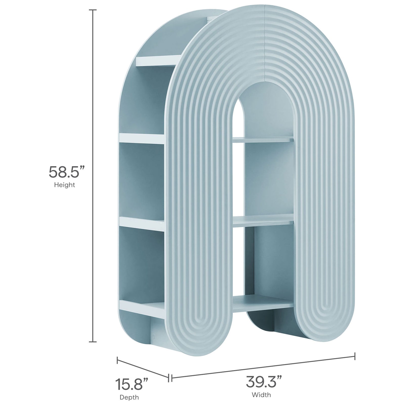Dimensions: 58.5 in height, 39.3 in width, 15.8 in depth for the Daydream arched bookshelf || EEI-7390-LBL || dimension_studio