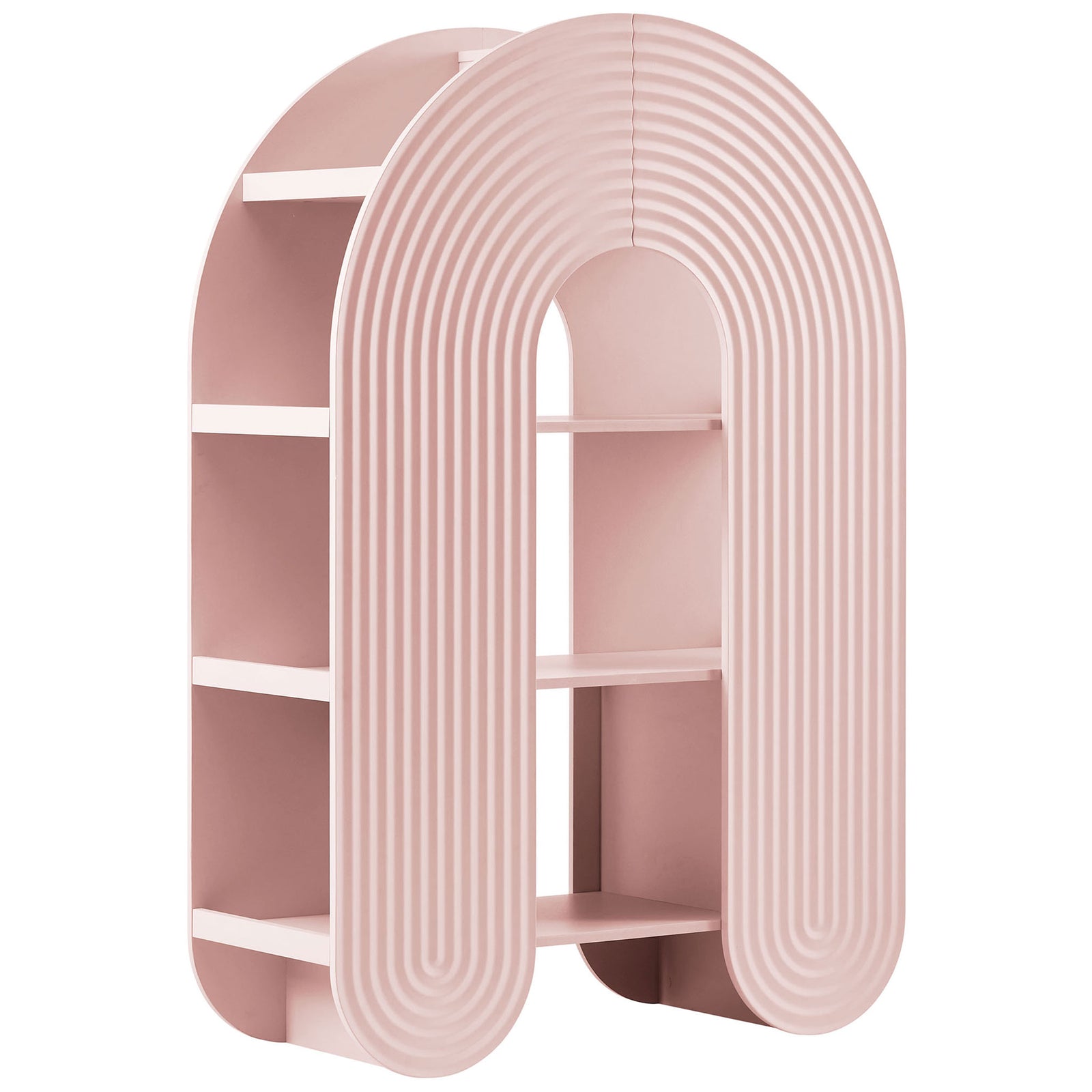 Sculptural U-shaped bookcase in soft pink with arch opening and roomy shelves on both sides || EEI-7390-SPN || front_angle_studio