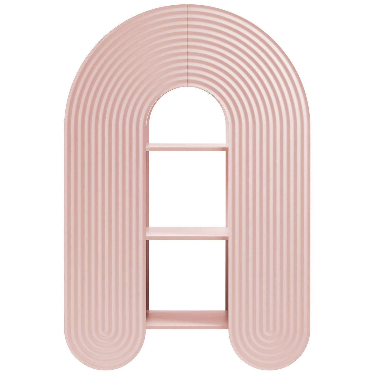 Soft pink arched bookshelf with ripple-textured facade and open shelves for playful, modern display || EEI-7390-SPN || front_studio