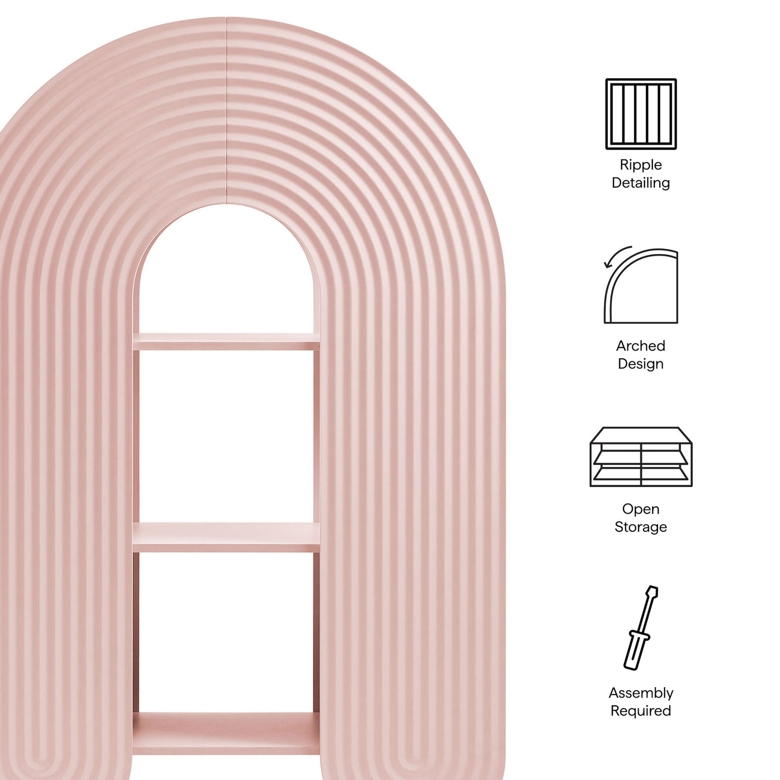 Ripple detailing, arched design, and open storage bring whimsical charm to modern interiors || EEI-7390-SPN || callout_studio
