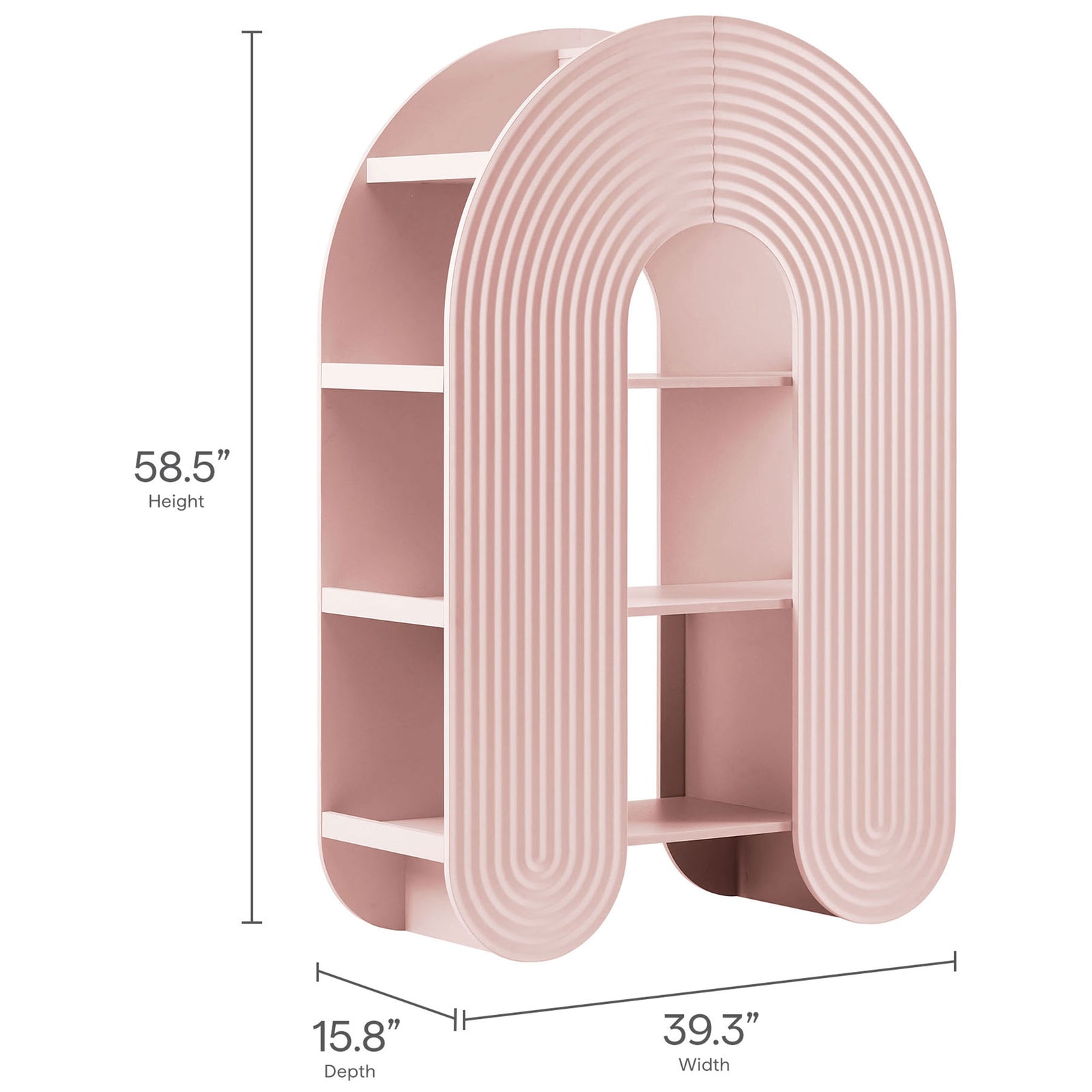 58.5 inch tall arched bookshelf measures 39.3 inches wide and 15.8 inches deep in soft pink || EEI-7390-SPN || dimension_studio