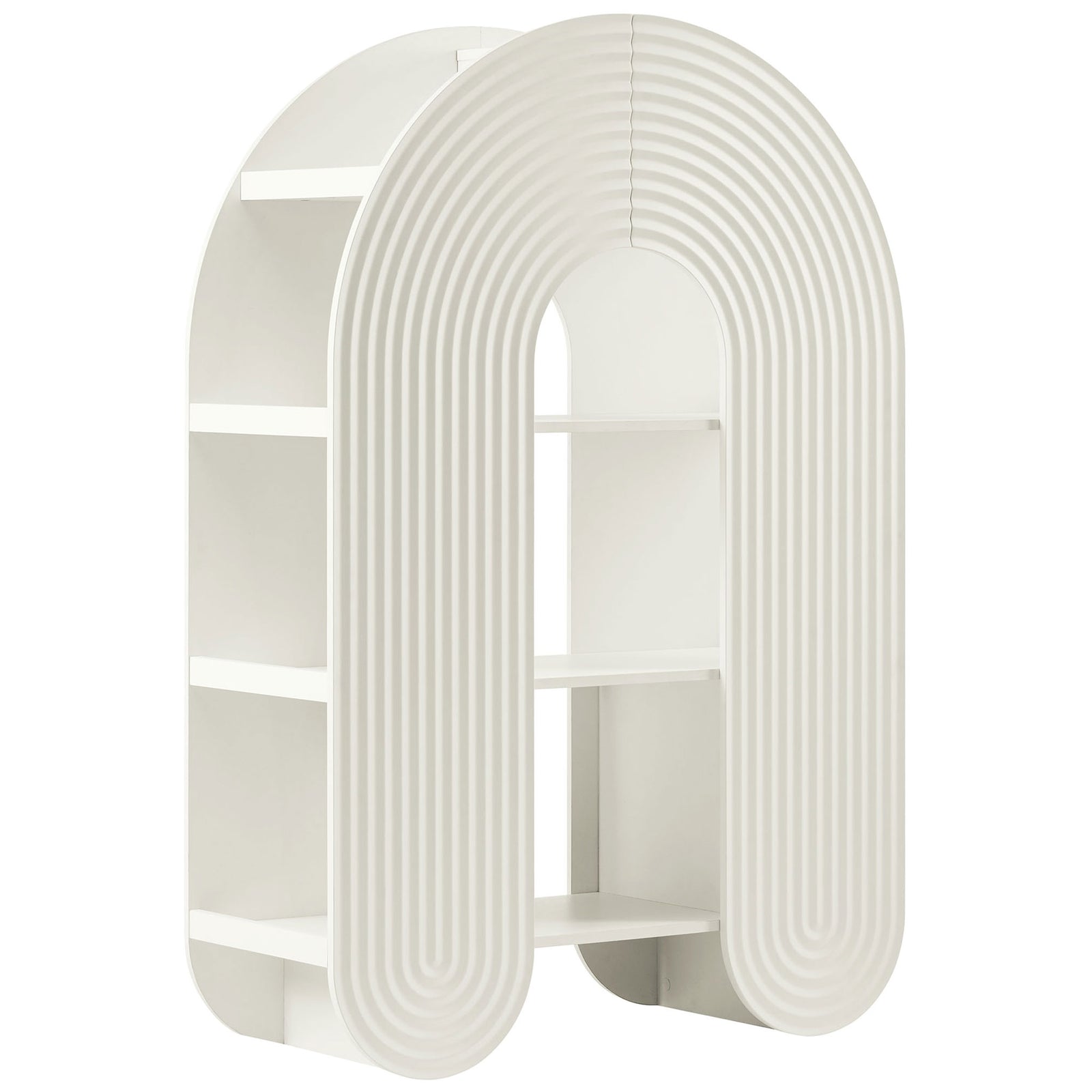 Modern white arched bookcase with sculptural ripple detailing and open shelving on both sides || EEI-7390-WHI || front_angle_studio
