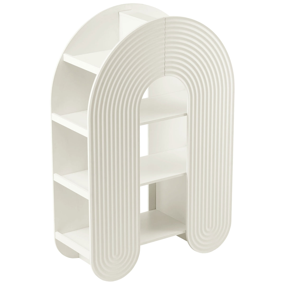 Playful U-shaped bookshelf showcasing rounded frame and generous open storage || EEI-7390-WHI || front_angle_studio