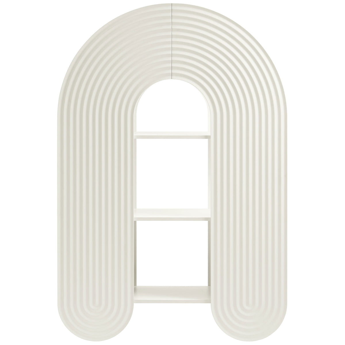 Bold arched bookshelf with ripple-textured front and open center for artful display || EEI-7390-WHI || front_studio