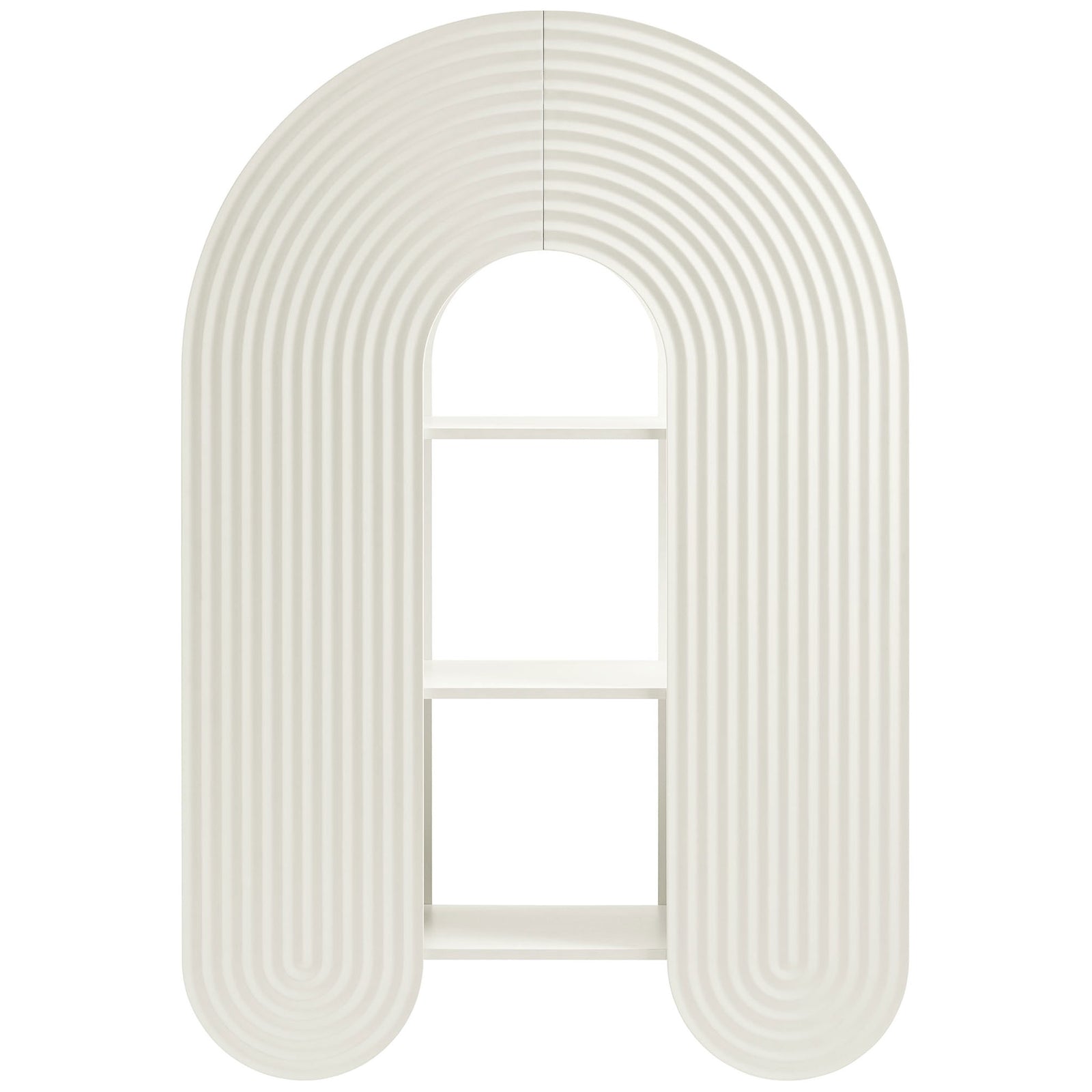 Bold arched bookshelf with ripple-textured front and open center for artful display || EEI-7390-WHI || front_studio