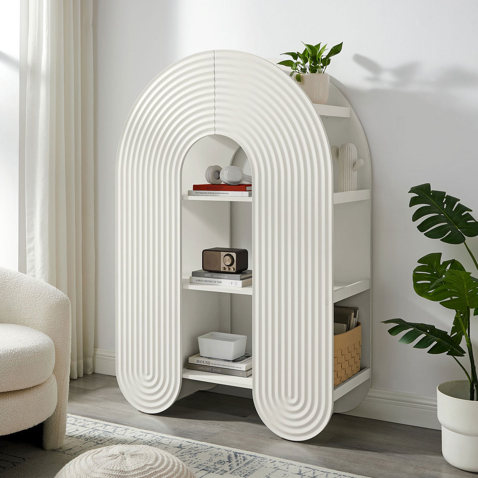 Statement arched bookcase adds modern charm and functional open storage to any living space || EEI-7390-WHI || front_angle_room