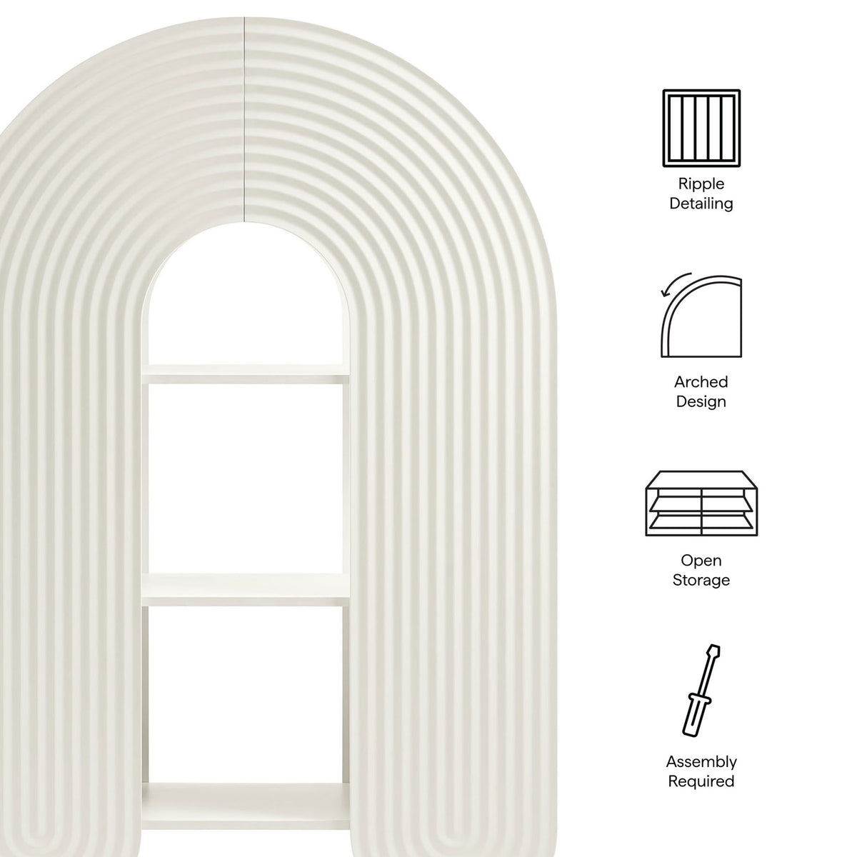 Feature highlights include ripple detailing, arched design, and open storage || EEI-7390-WHI || callout_studio
