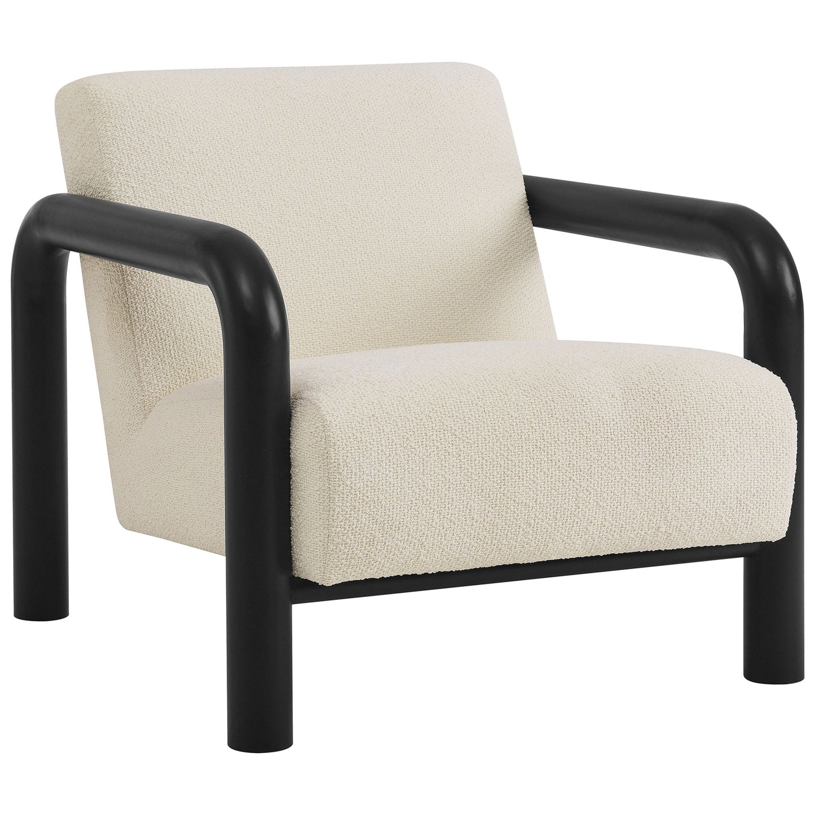 Modern accent chair in cream boucle with bold rounded black wood arms and deep, comfy seat || EEI-7391-CRE-BLK || front_angle_studio