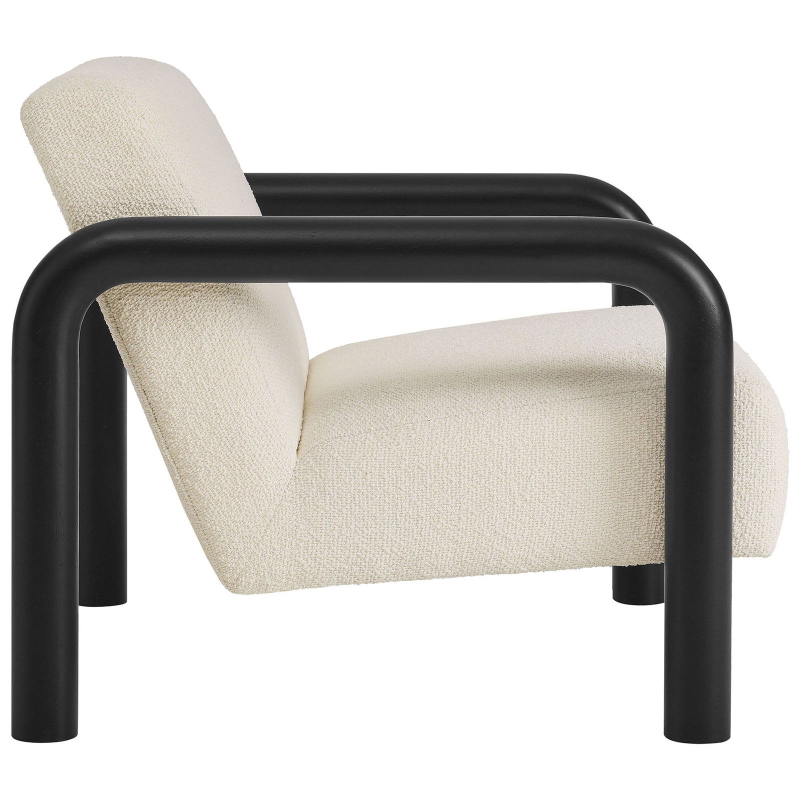 Low, lounge profile showcases the curved black wood arms and plush cream boucle upholstery || EEI-7391-CRE-BLK || side_studio