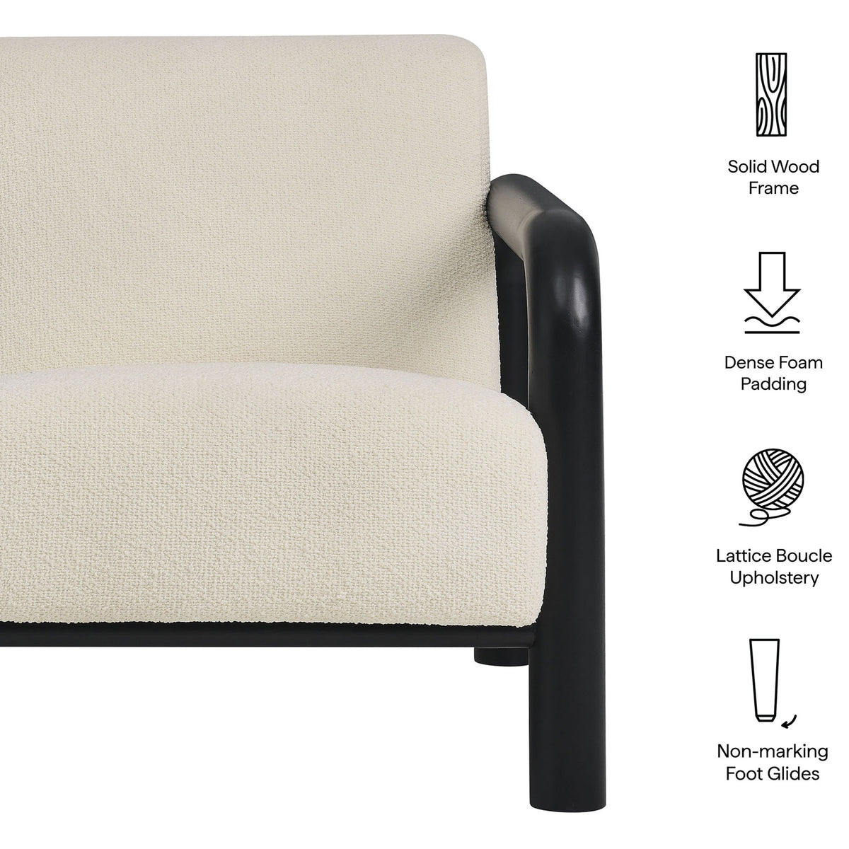 Solid wood frame, dense foam padding, lattice boucle upholstery, and non-marking foot glides || EEI-7391-CRE-BLK || callout_studio