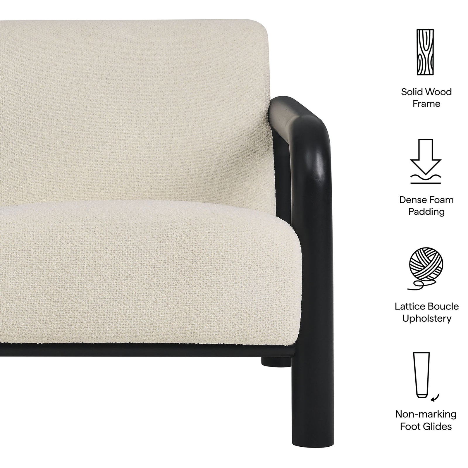 Solid wood frame, dense foam padding, lattice boucle upholstery, and non-marking foot glides || EEI-7391-CRE-BLK || callout_studio