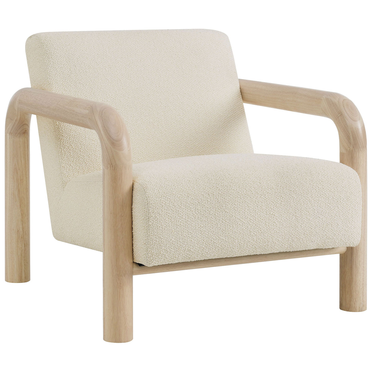 Modern lounge chair in cream lattice boucle with smooth, rounded solid wood armrests || EEI-7391-CRE-OAK || front_angle_studio