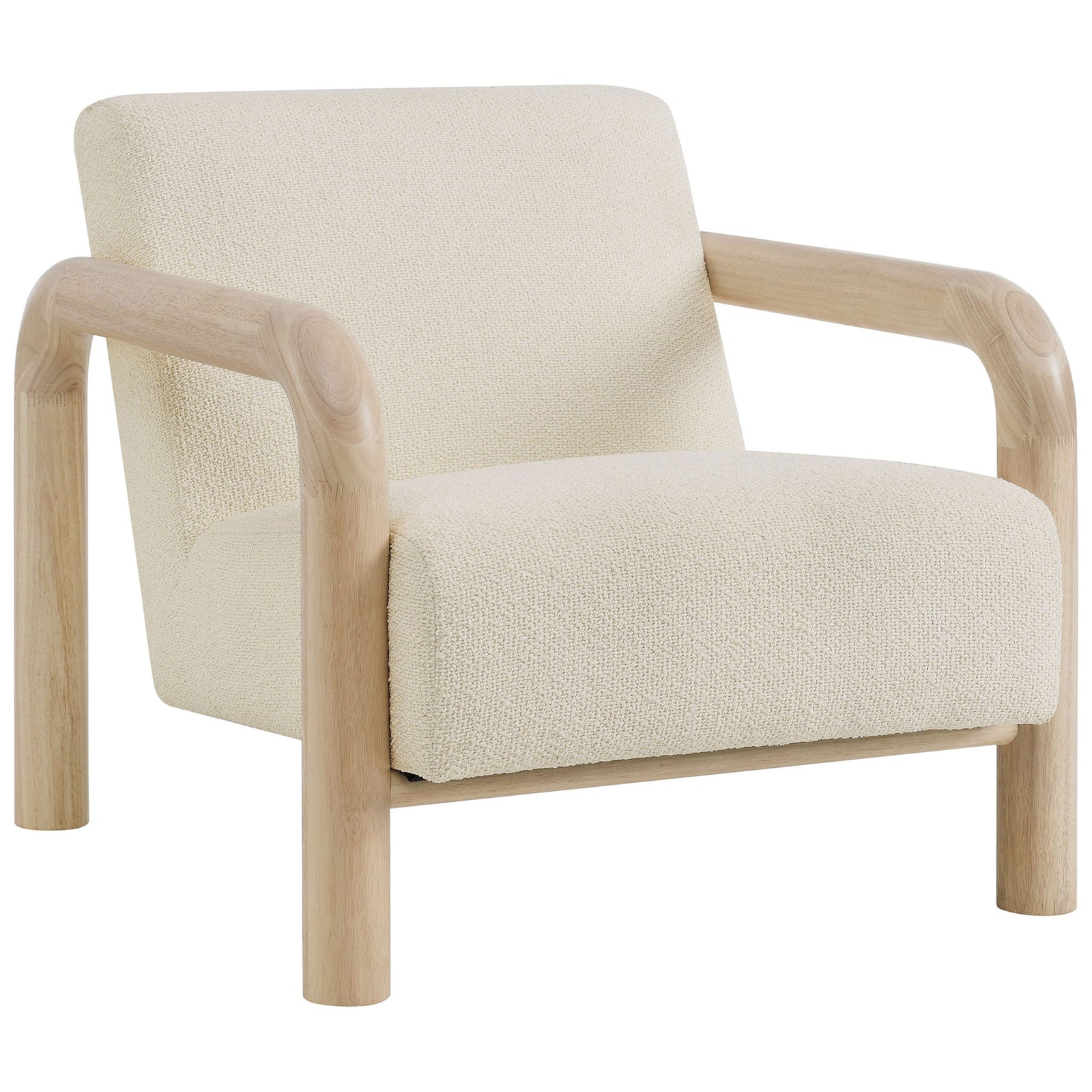 Modern lounge chair in cream lattice boucle with smooth, rounded solid wood armrests || EEI-7391-CRE-OAK || front_angle_studio