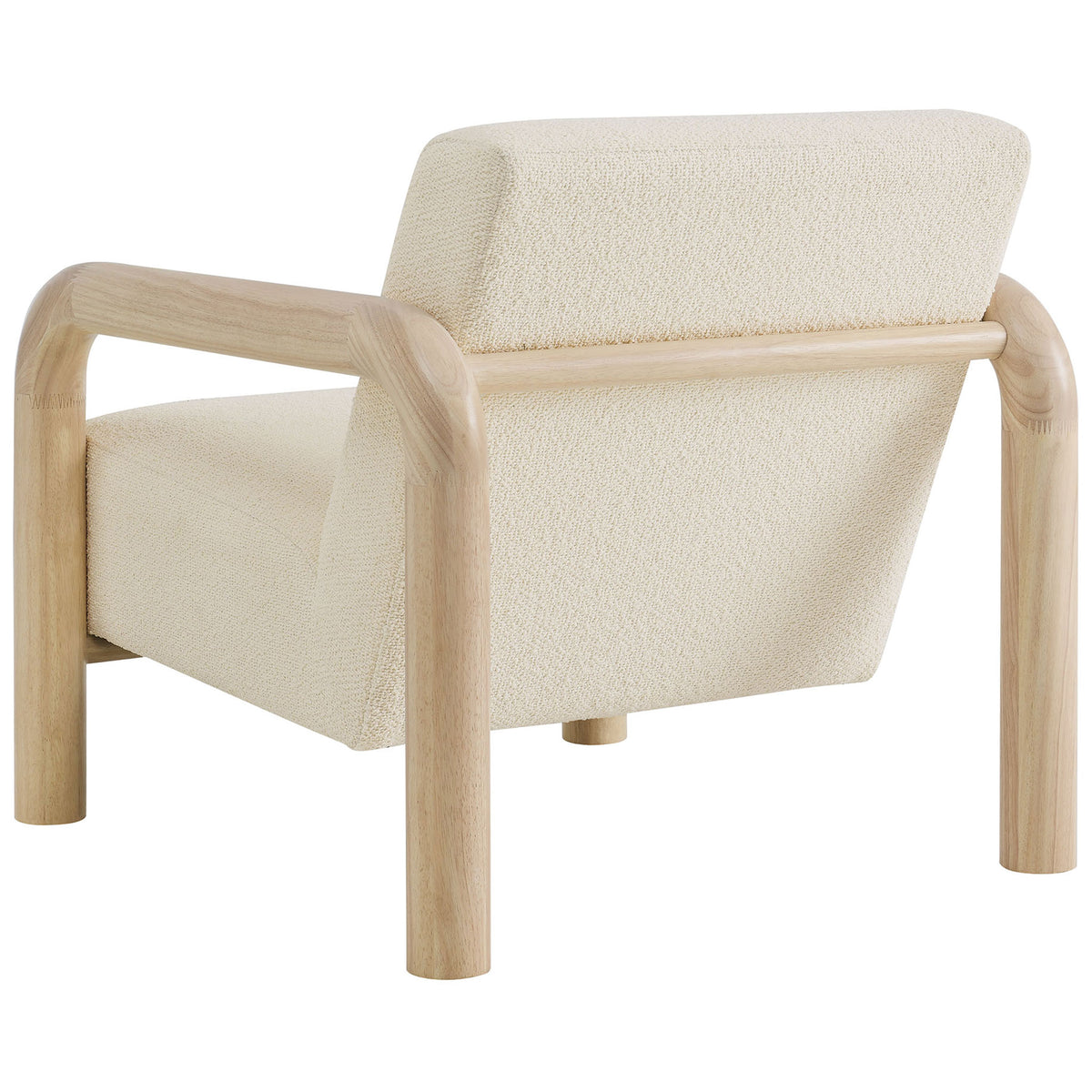 Curved solid wood frame wraps the back, paired with textured cream boucle for a cozy look || EEI-7391-CRE-OAK || back_angle_studio