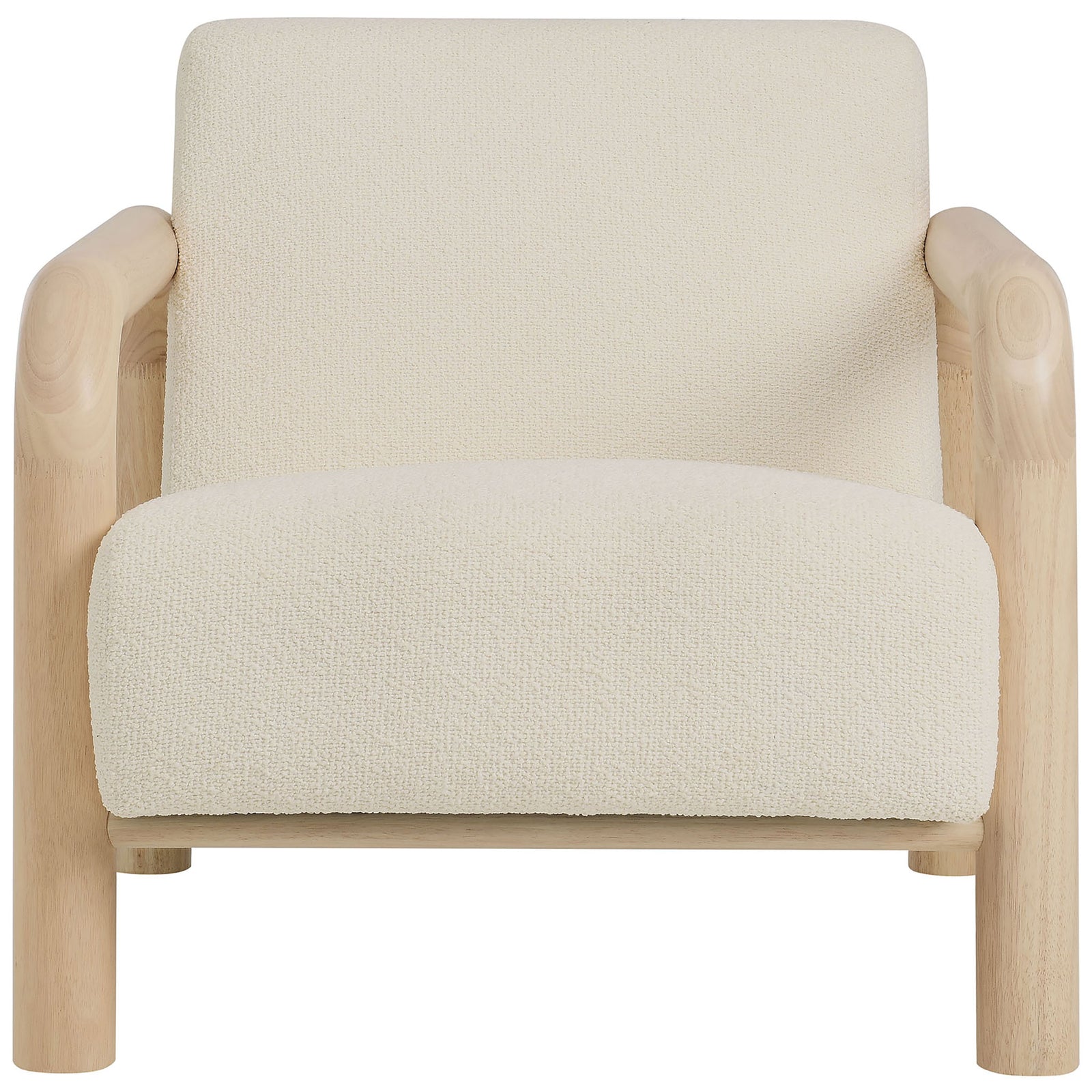 Cream boucle accent chair with oversized rounded solid wood arms and plush foam comfort || EEI-7391-CRE-OAK || front_studio
