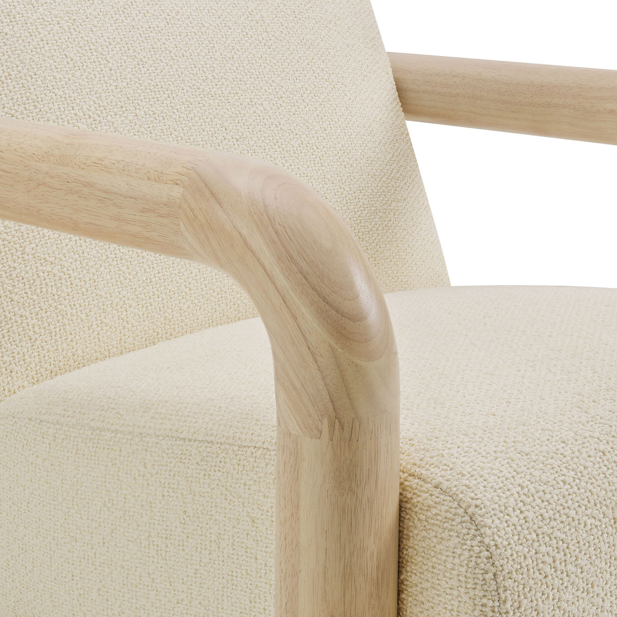 Textured lattice boucle and rounded solid wood arm with smooth, refined joinery || EEI-7391-CRE-OAK || detail_studio