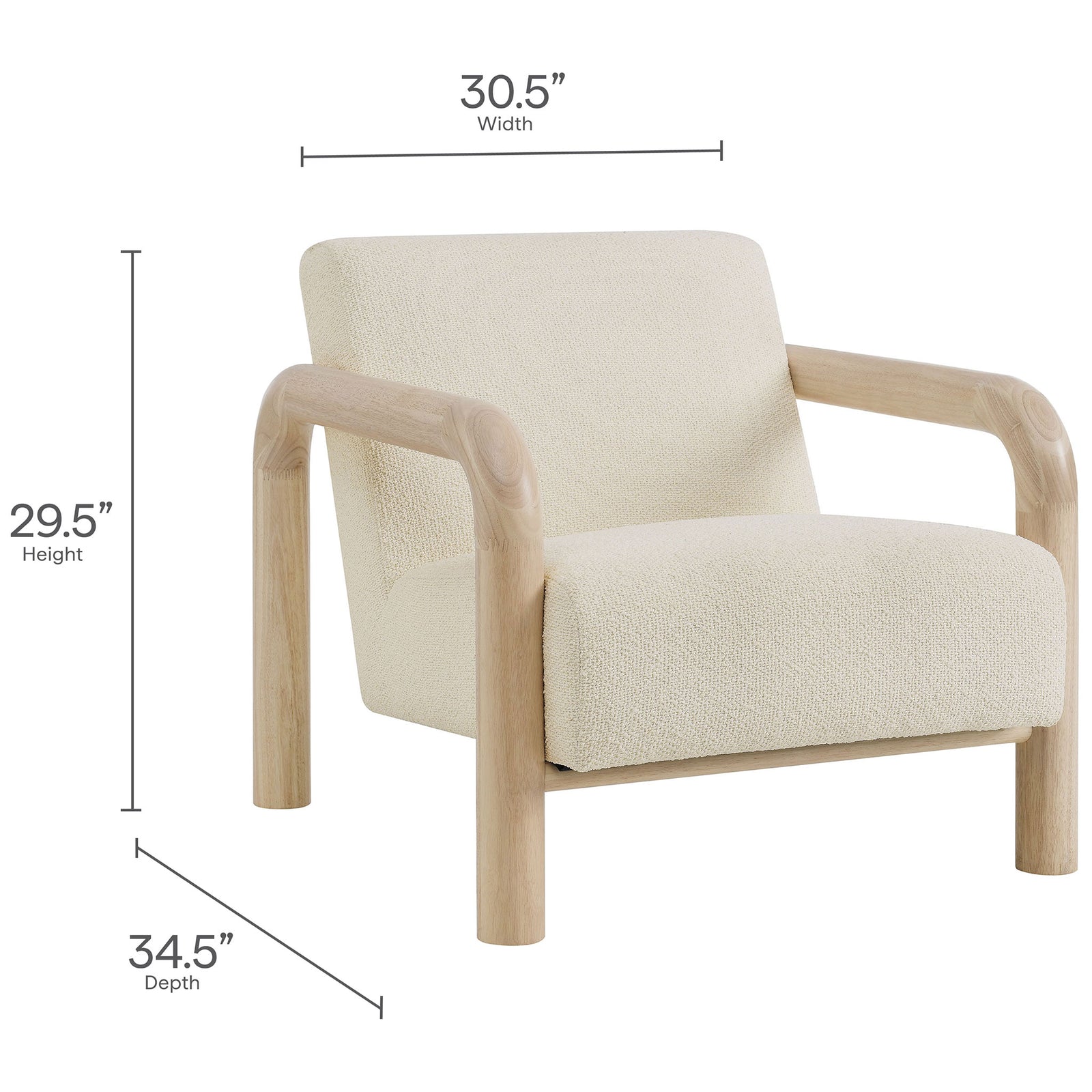 Compact lounge chair with ample seat; 30.5 in W x 34.5 in D x 29.5 in H || EEI-7391-CRE-OAK || dimension_studio