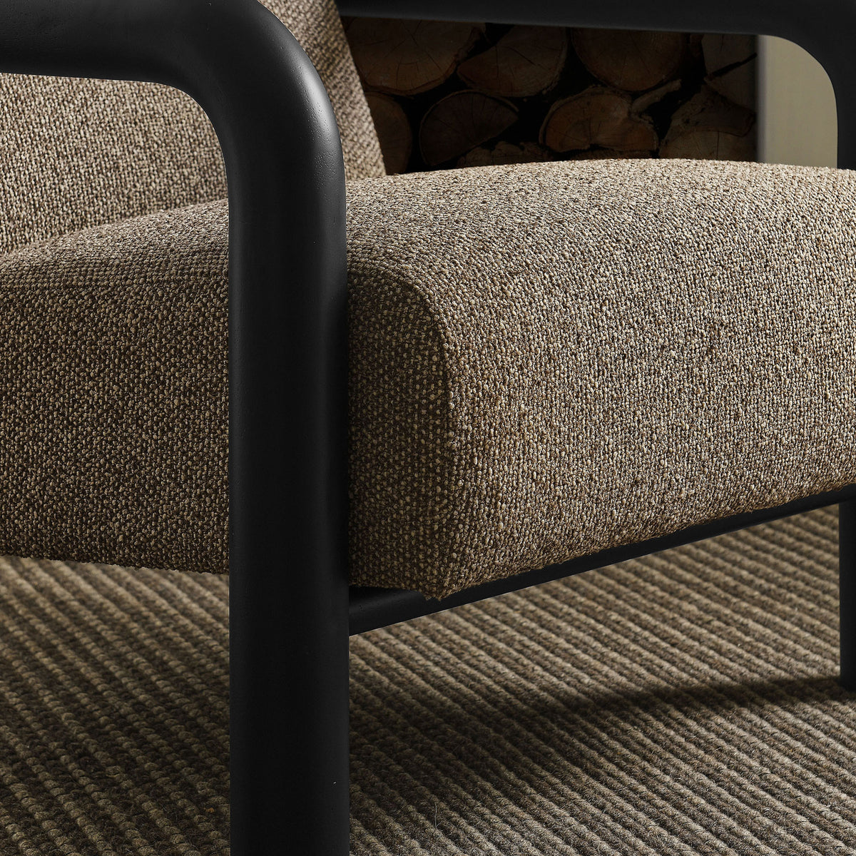 Textured earth boucle and matte black wood arm add warmth and depth to cozy spaces || EEI-7391-ETH-BLK || detail_room