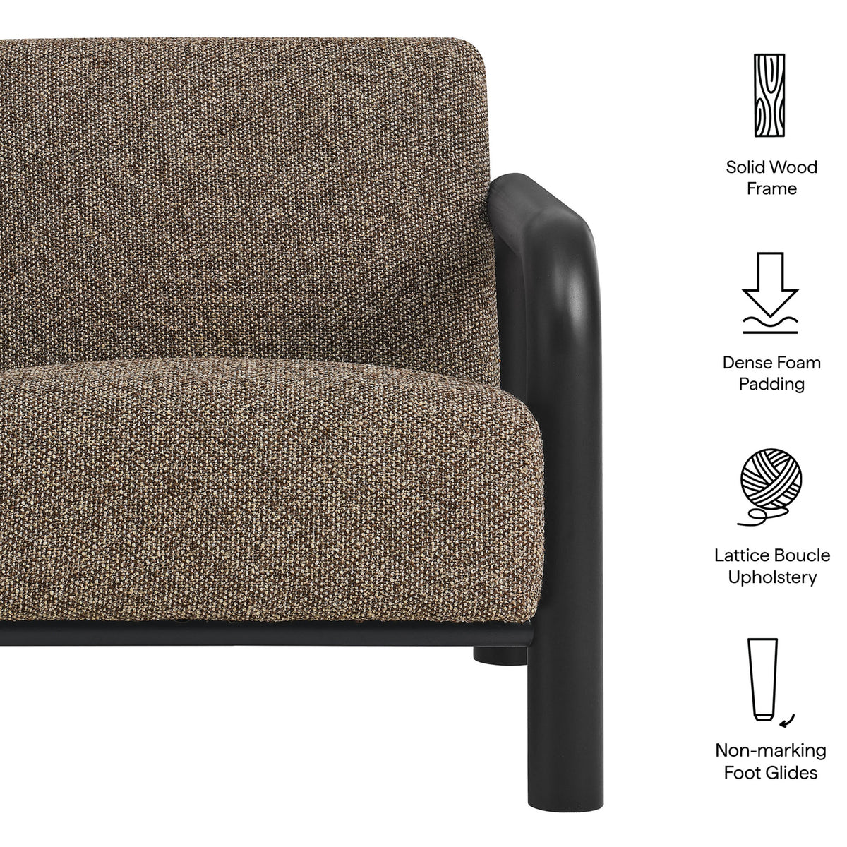 Solid wood arms, dense foam seat, lattice boucle upholstery, and non-marking glides || EEI-7391-ETH-BLK || callout_studio