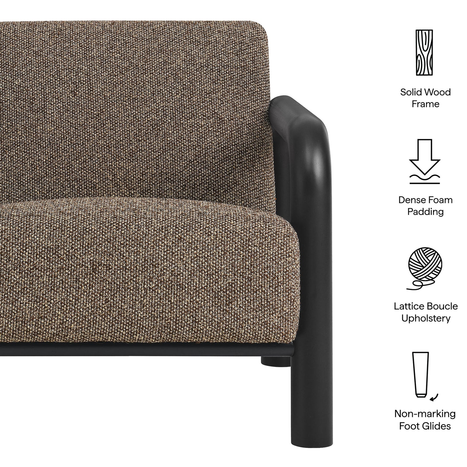 Solid wood arms, dense foam seat, lattice boucle upholstery, and non-marking glides || EEI-7391-ETH-BLK || callout_studio