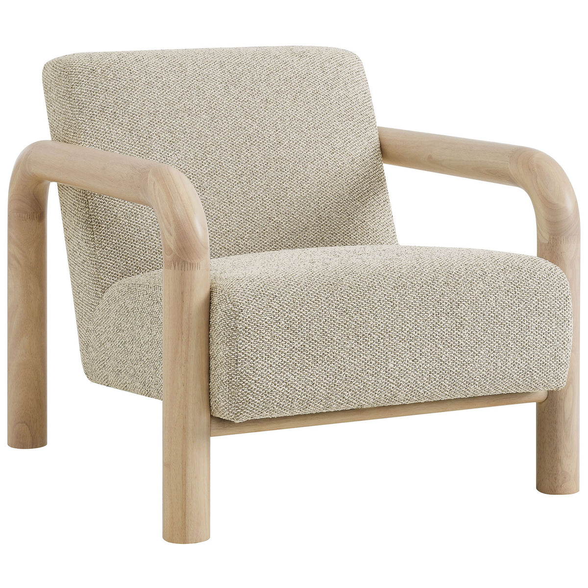 Curved oak-finish arms frame a plush seat in lattice boucle for a modern, cozy statement || EEI-7391-MRB-OAK || front_angle_studio