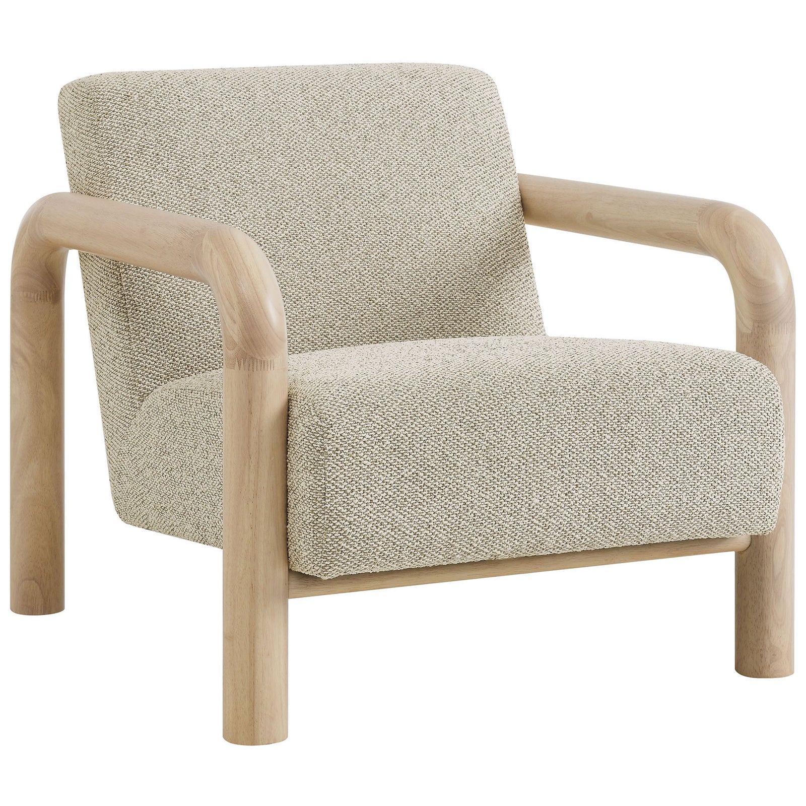 Curved oak-finish arms frame a plush seat in lattice boucle for a modern, cozy statement || EEI-7391-MRB-OAK || front_angle_studio