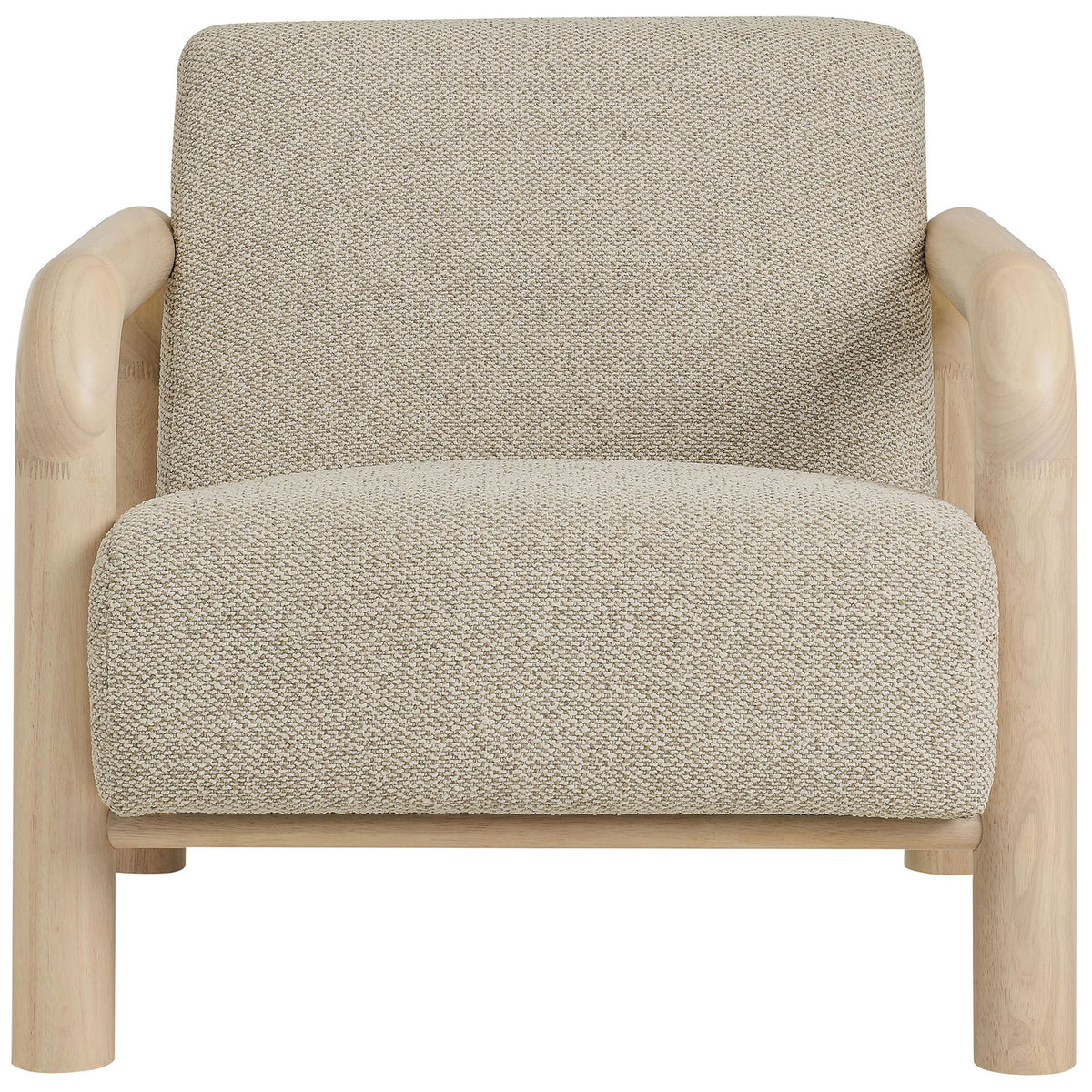 Sculptural accent chair with rounded solid wood arms and textured boucle upholstery in warm neutrals || EEI-7391-MRB-OAK || front_studio