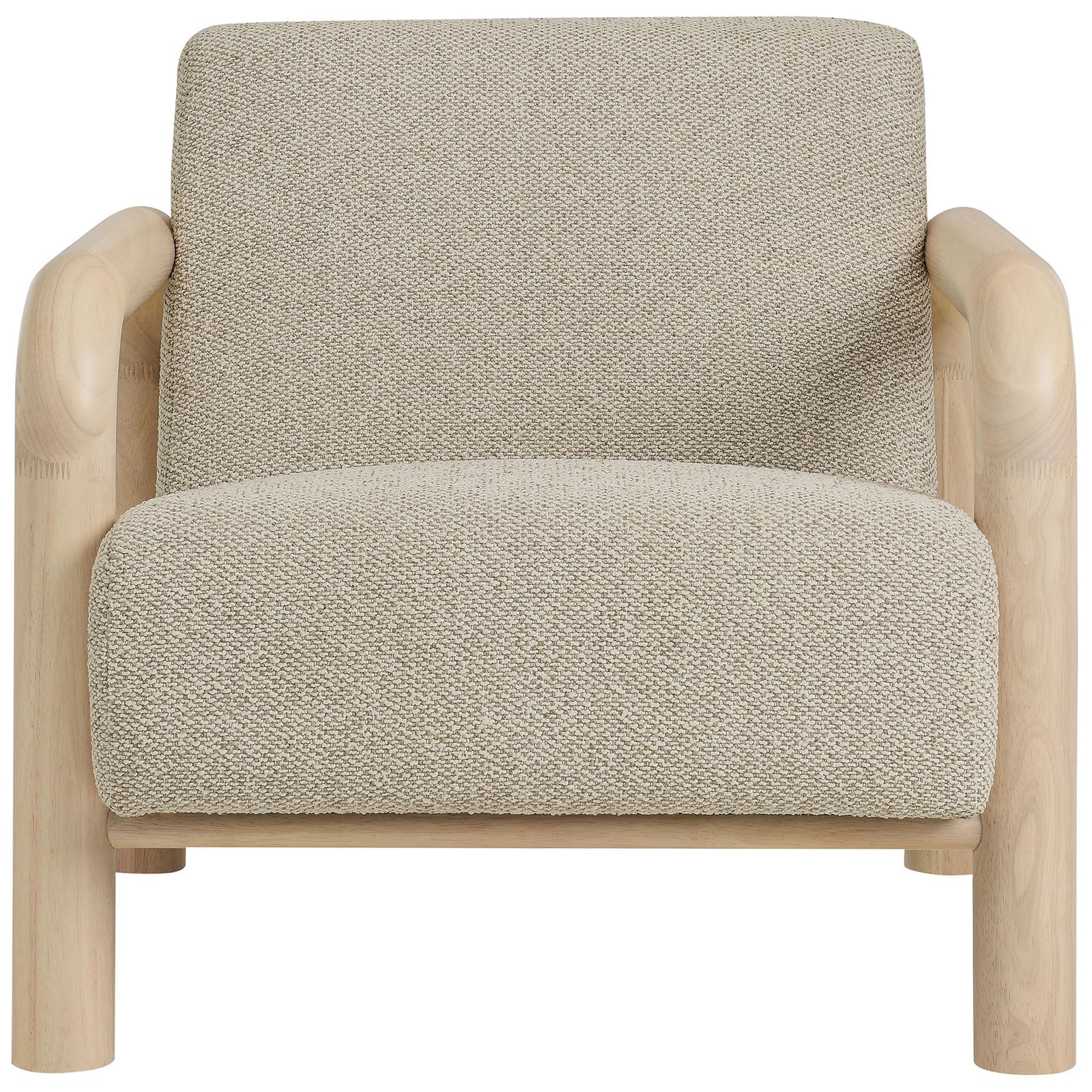 Sculptural accent chair with rounded solid wood arms and textured boucle upholstery in warm neutrals || EEI-7391-MRB-OAK || front_studio
