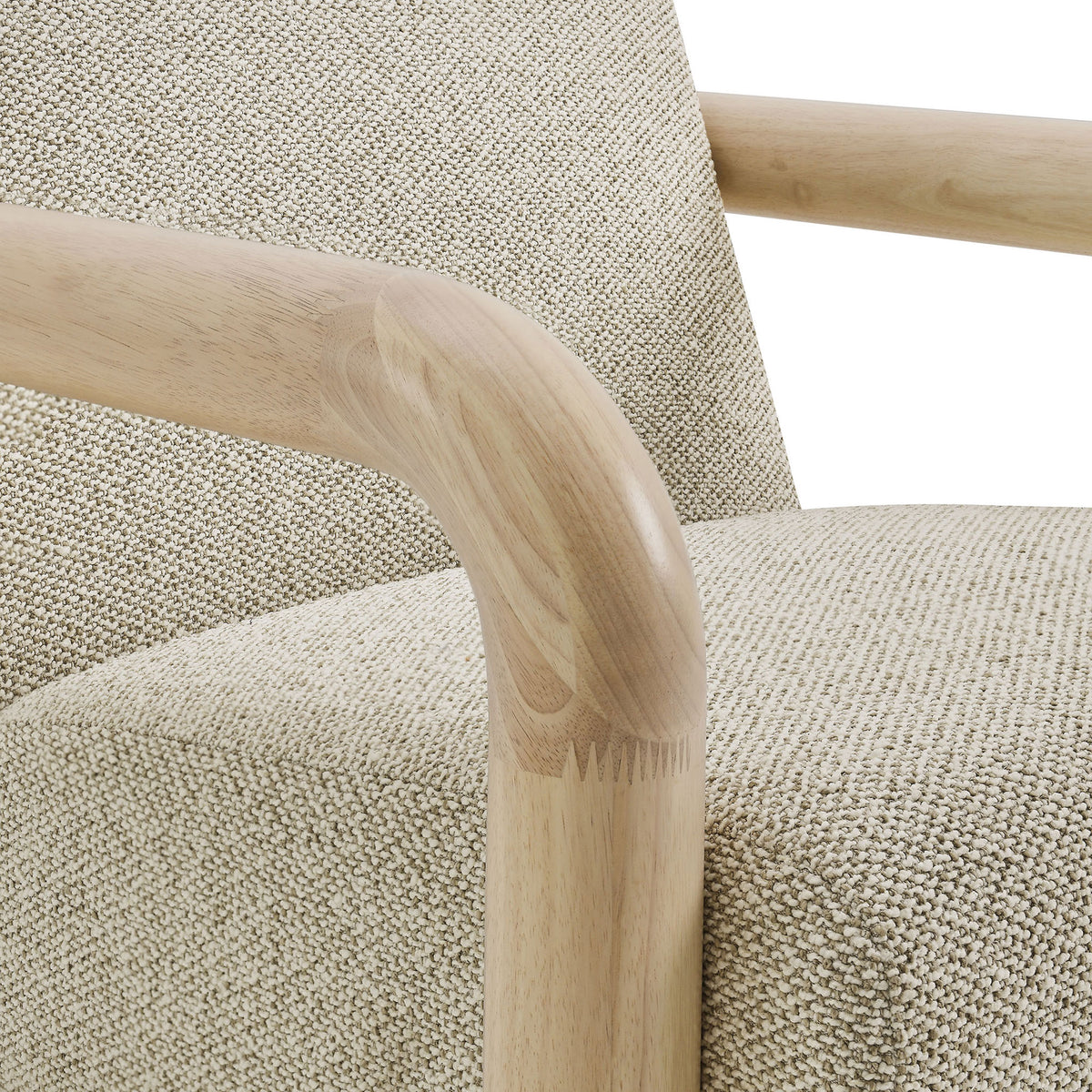 Smooth solid wood armrest and lattice boucle weave deliver a refined, tactile finish || EEI-7391-MRB-OAK || detail_studio