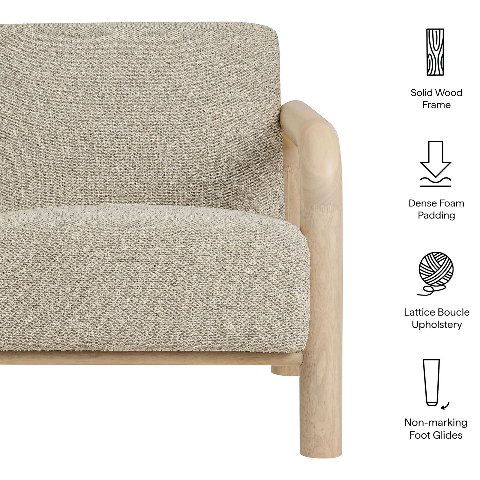 Solid wood frame, dense foam padding, lattice boucle upholstery, and non-marking foot glides highlighted || EEI-7391-MRB-OAK || callout_studio