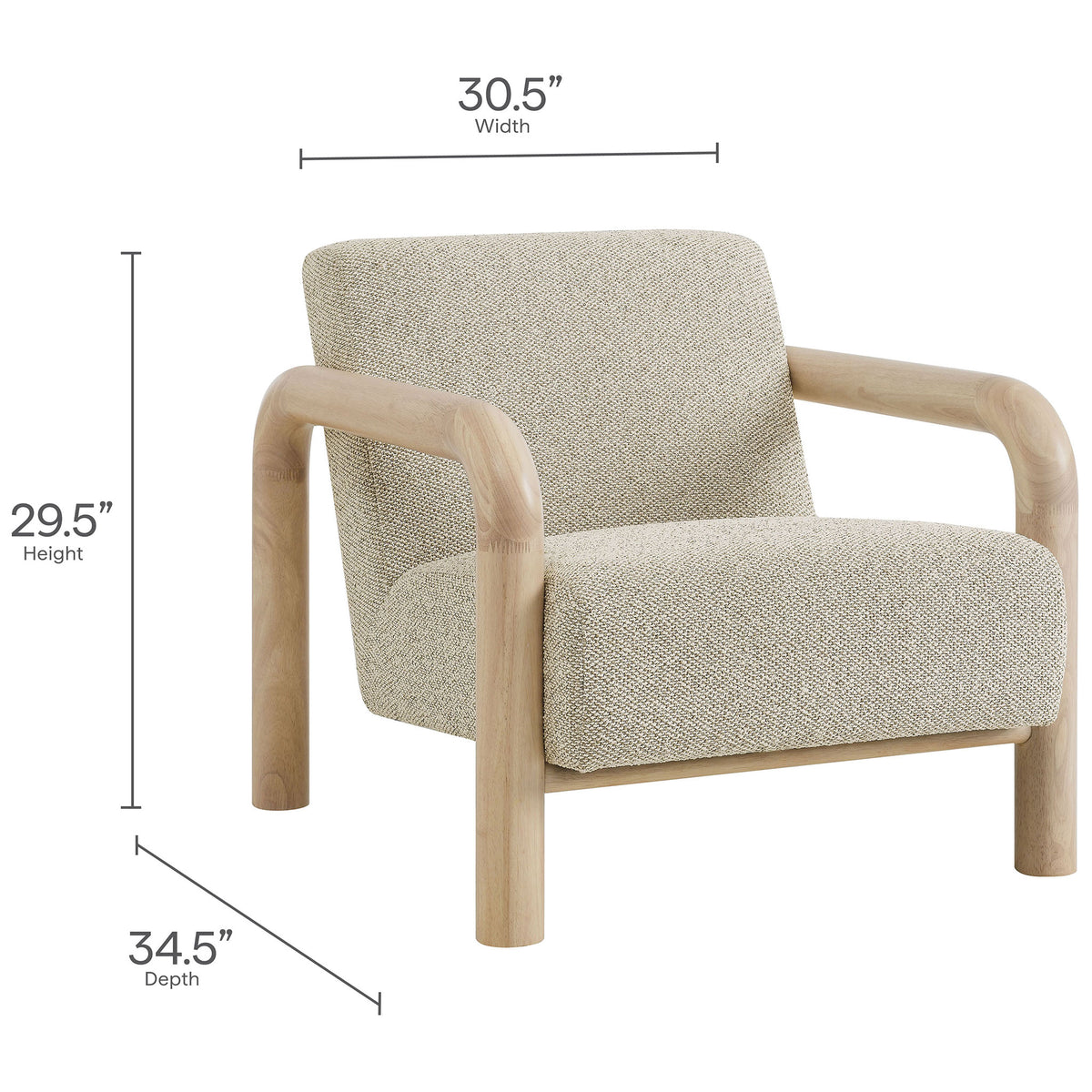 Sereno accent chair shown with overall width, depth, and height dimensions || EEI-7391-MRB-OAK || dimension_studio