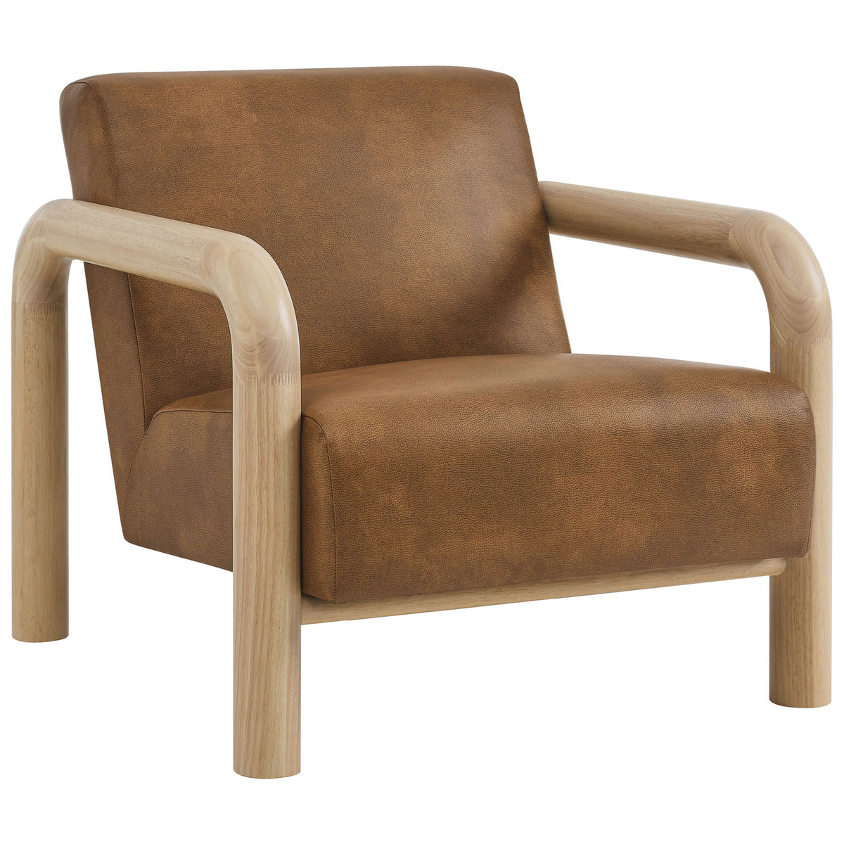Sculptural accent chair in canyon oak with rich pebbled vegan leather and oversized rounded armrests || EEI-7392-CYN-OAK || front_angle_studio