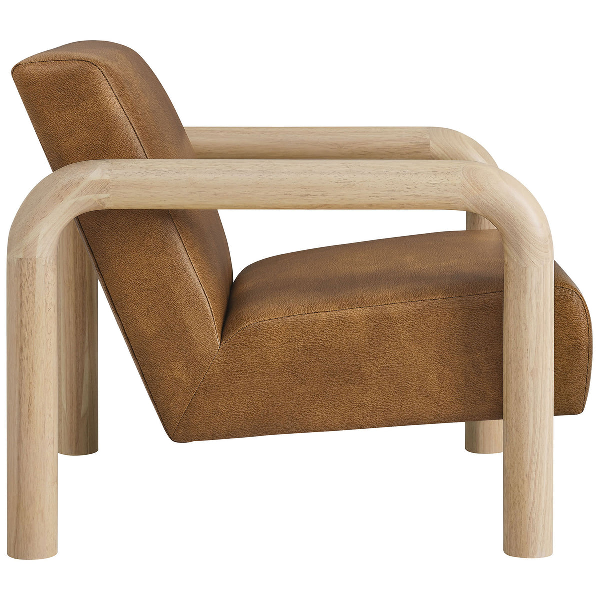 Streamlined lounge chair with thick seat cushion and gracefully curved solid rubberwood frame || EEI-7392-CYN-OAK || side_studio