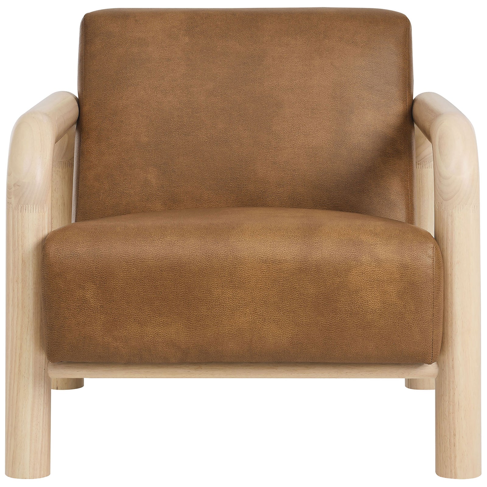 Plush vegan leather seat with bold rounded wood arms and a supportive low-profile back || EEI-7392-CYN-OAK || front_studio